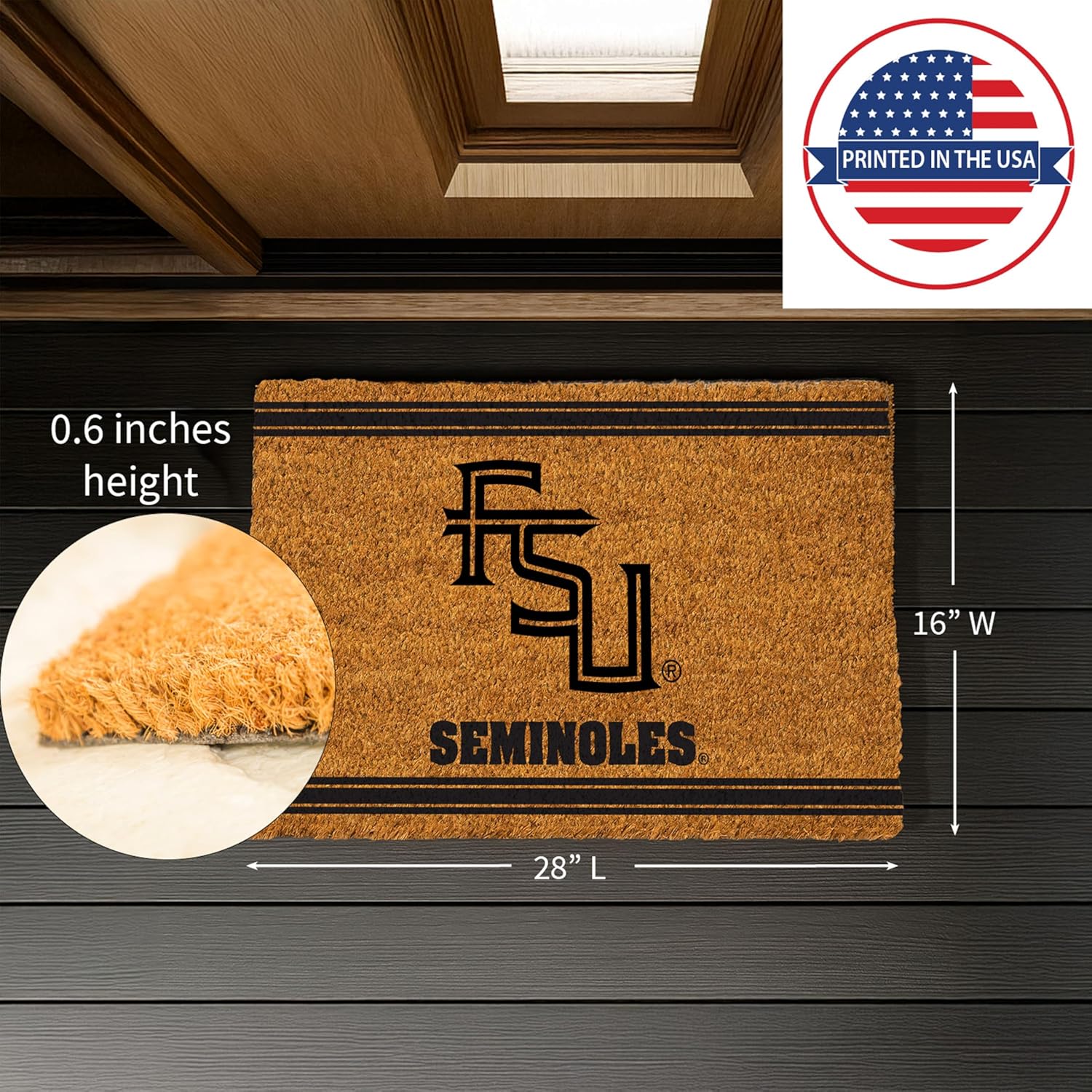 NCAA Florida State University Coir Door Mat, Indoor and Outdoor Entryway, 28 x 16 Inches Non Slip Back Welcome Floor Mats for Muddy Dog Paws, Weather-Resistant Front Door Entrance Home Décor