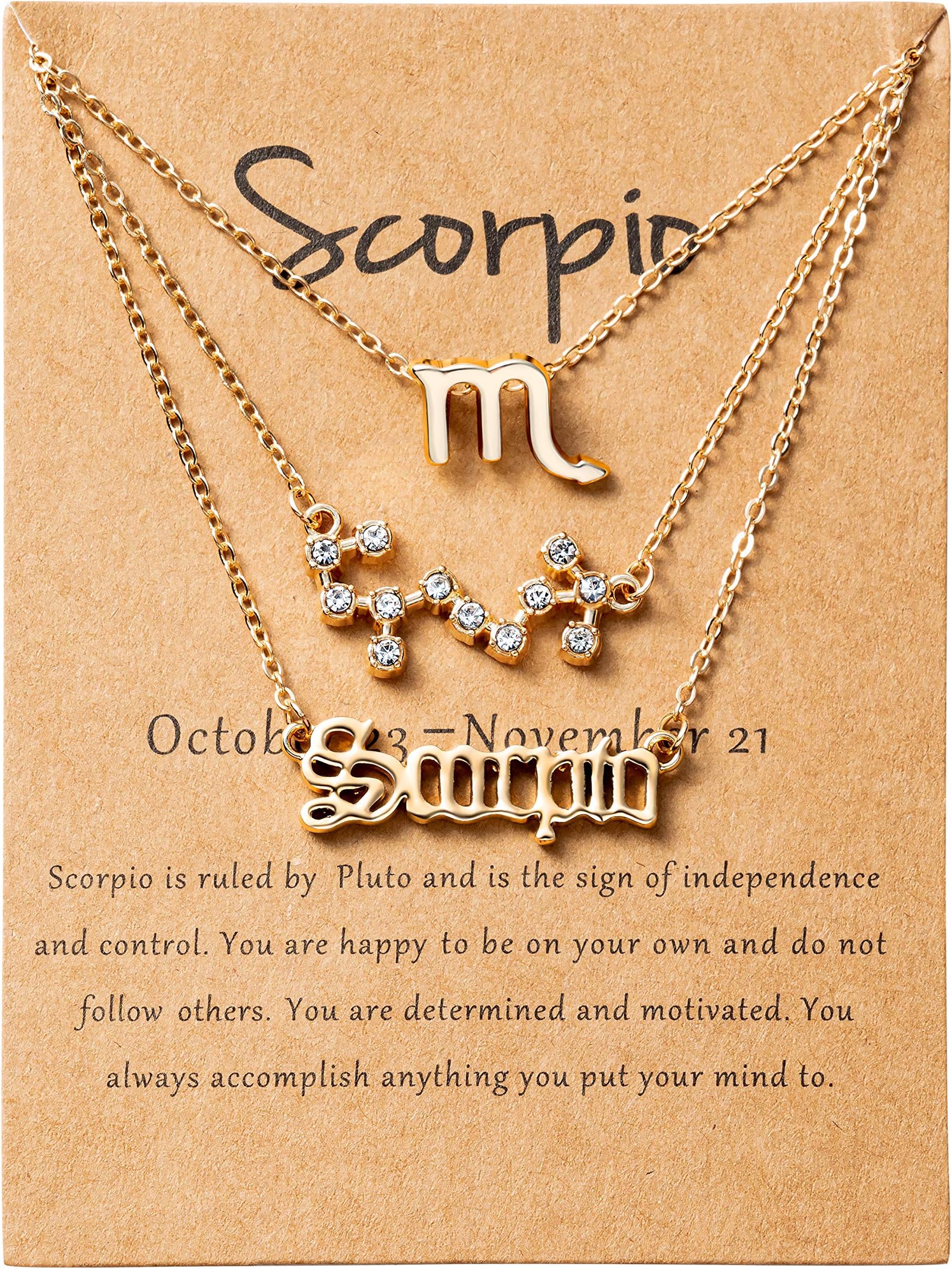 3Pcs Constellation Zodiac Layer Necklaces for Women Girls, Retro 14K Gold Plated 12 Constellation Pendant Necklace Exquisite Letter Horoscope Old English Zodiac Sign Jewelry Birthday Gift