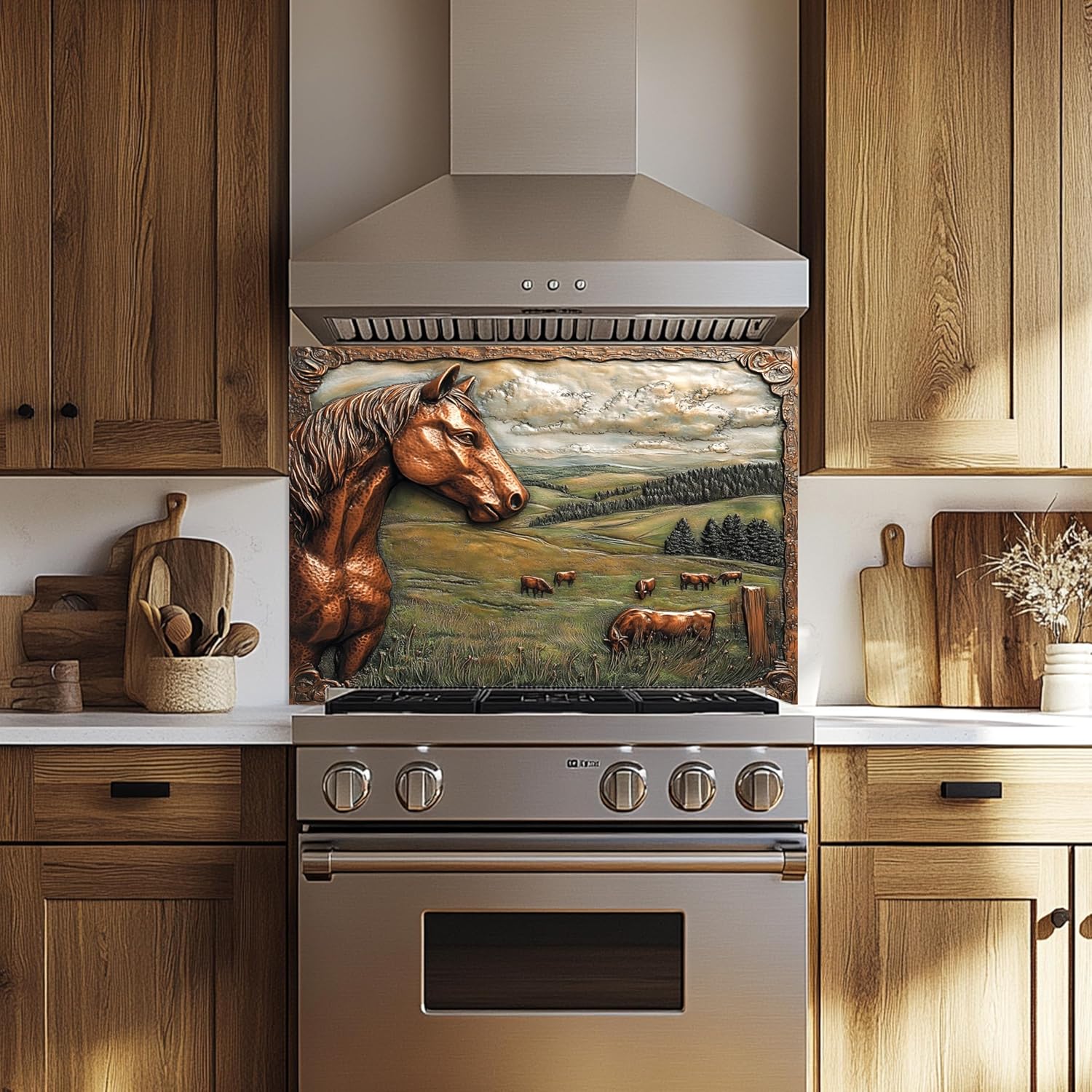Tempered Glass Backsplash for Kitchen, Rustic Horse Glass Backsplash, Backsplash for Kitchen Wall, Rustic Kitchen Backsplash, Easy to Install Stove Backsplash