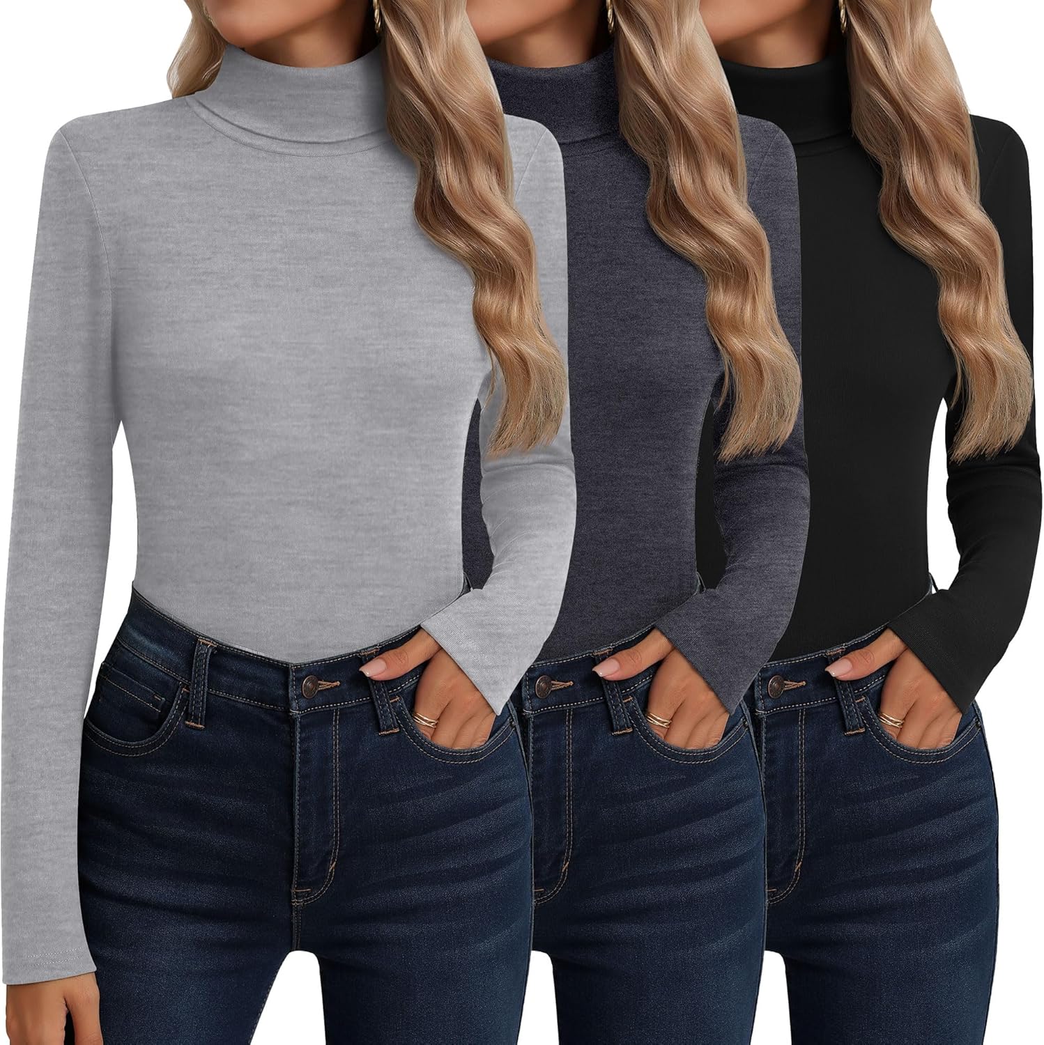 Neer 3 Pack Cotton Women's Turtleneck Long Sleeve Tops Thermal Underwear Base Layer Fall Winter Shirts Sweater