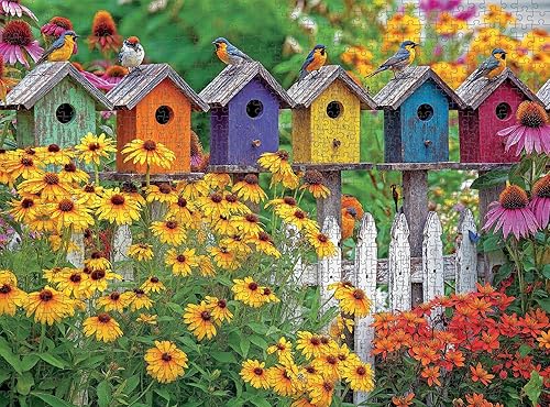 Miniatura 3 de Cross & Glory – A Fence Full of Song – 1000 Piece Jigsaw Puzzle for Adults Colorful Birdhouses, Garden Flowers & Butterflies Bright Nature Puzzle