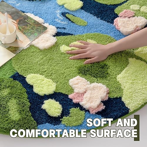 Miniatura 5 de YIHOUSE Alfombra redonda moderna de musgo amarillo, alfombra estética para dormitorio, antideslizante, esponjosa, lavable, para habitación de niños,