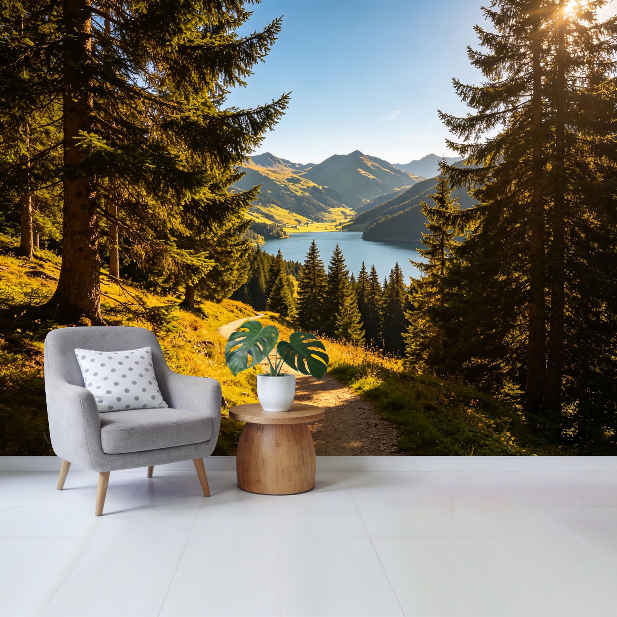 Qzlithotic Yq2605250008 Custom Size Wall Mural Scenic Alpine Lake Forest Trail Mountain Landscape View Selfadhesive Wall Fabric Removable Wallpaper For Home Office Decor