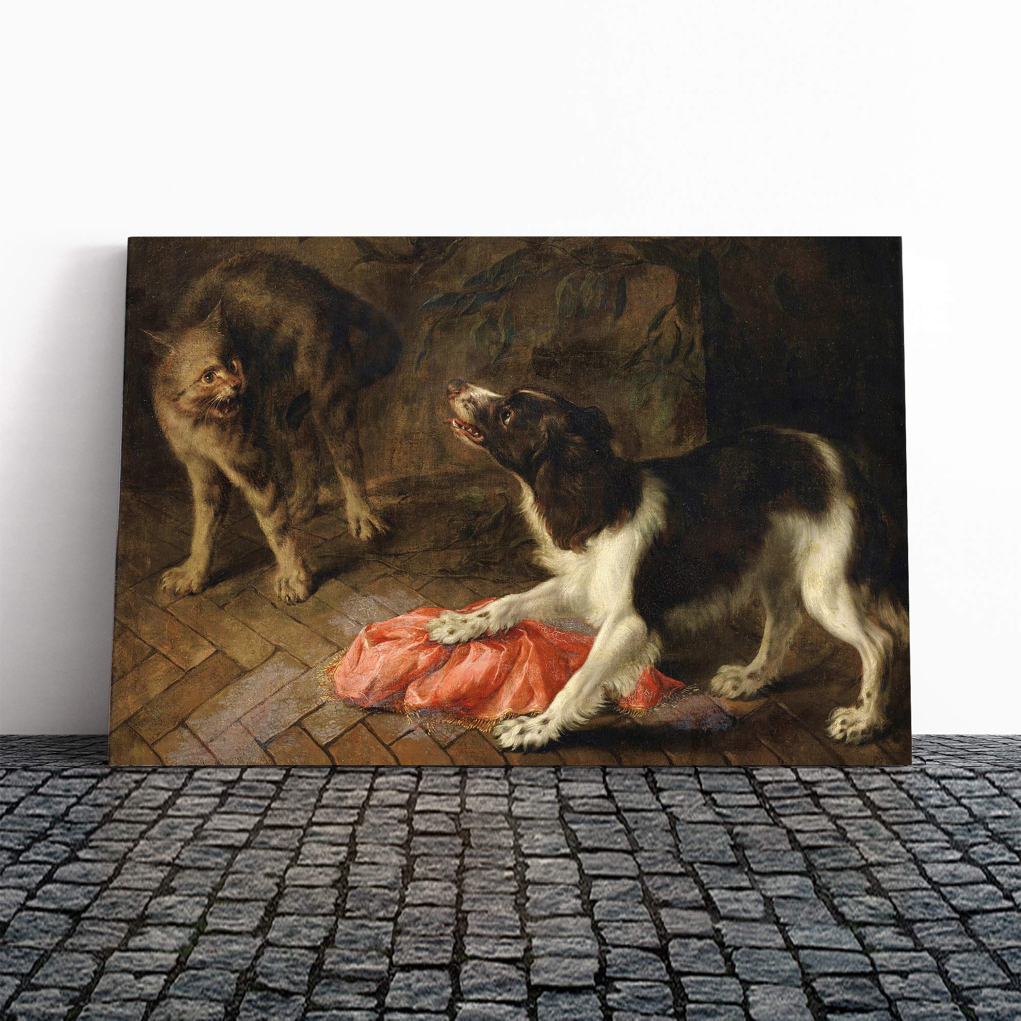 Abraham Hondius Cat and Dog Canvas Print | Gallery Wrapped 30mm Frame Wall Art | 24x16 inches | Ready to Hang | Modern Animals Picture | Living Room Bedroom Lounge Office