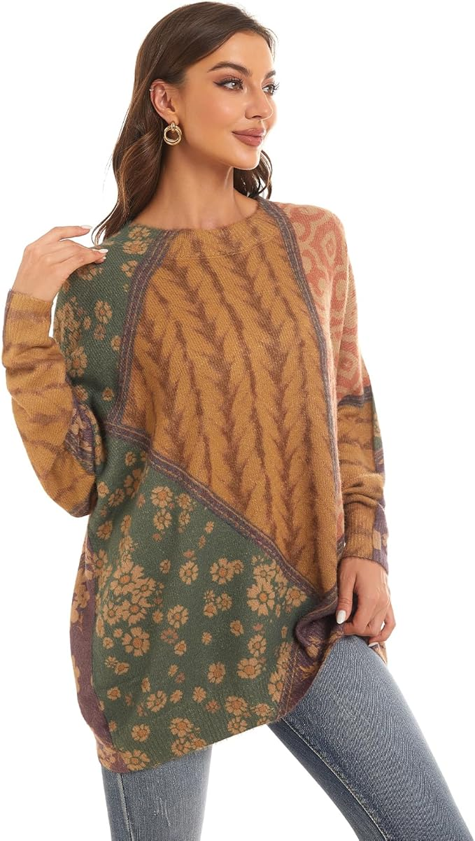 Women's Oversized Boho Knit Sweater, Long Sleeve Patchwork Mixed