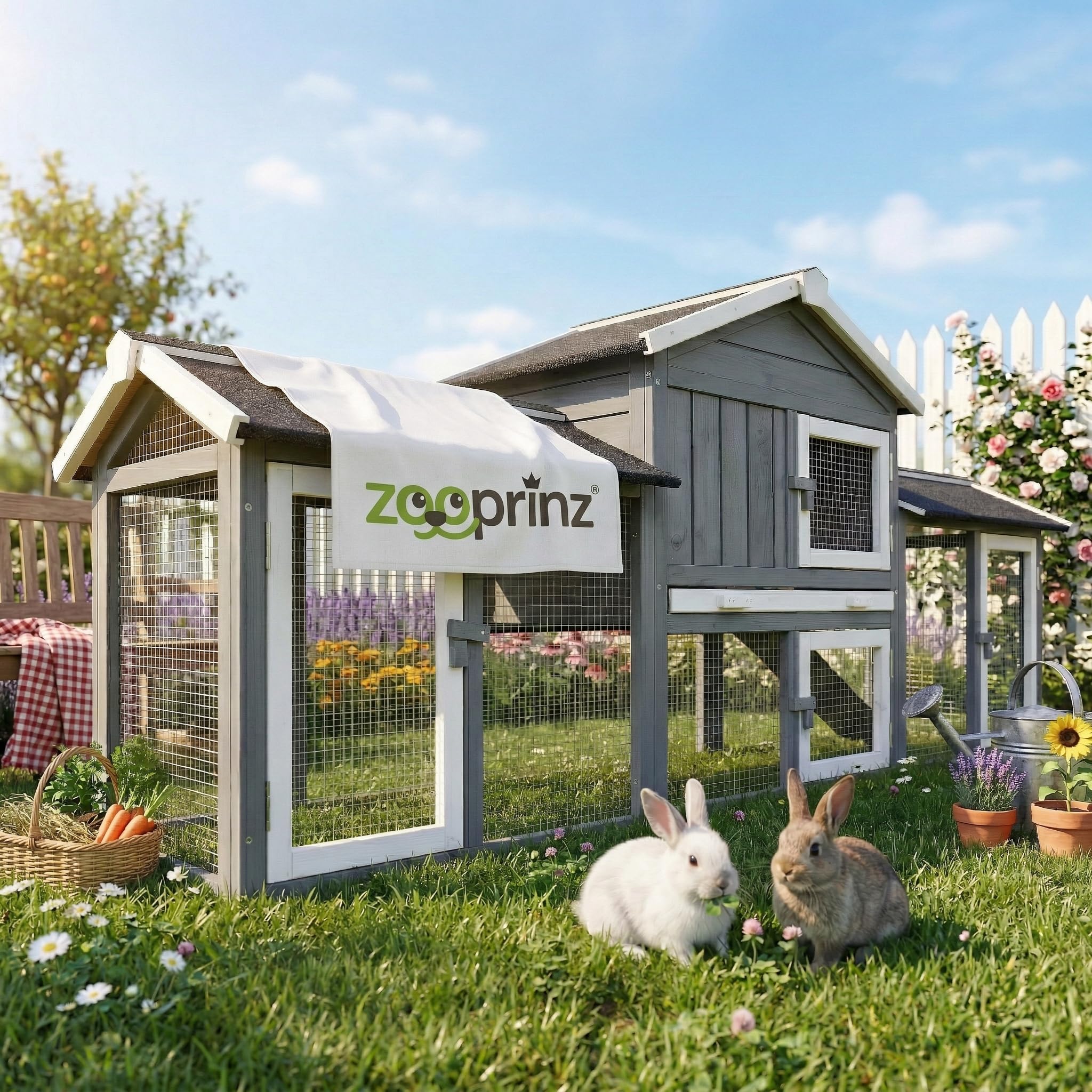zooprinz großer & moderner Hasenstall, Kaninchenstall - aus massivem Vollholz ideal für draußen - Einfach zu reinigen Dank extra hoher Kotschublade - Kleintierstall mit natürlichen Farbe gestrichen