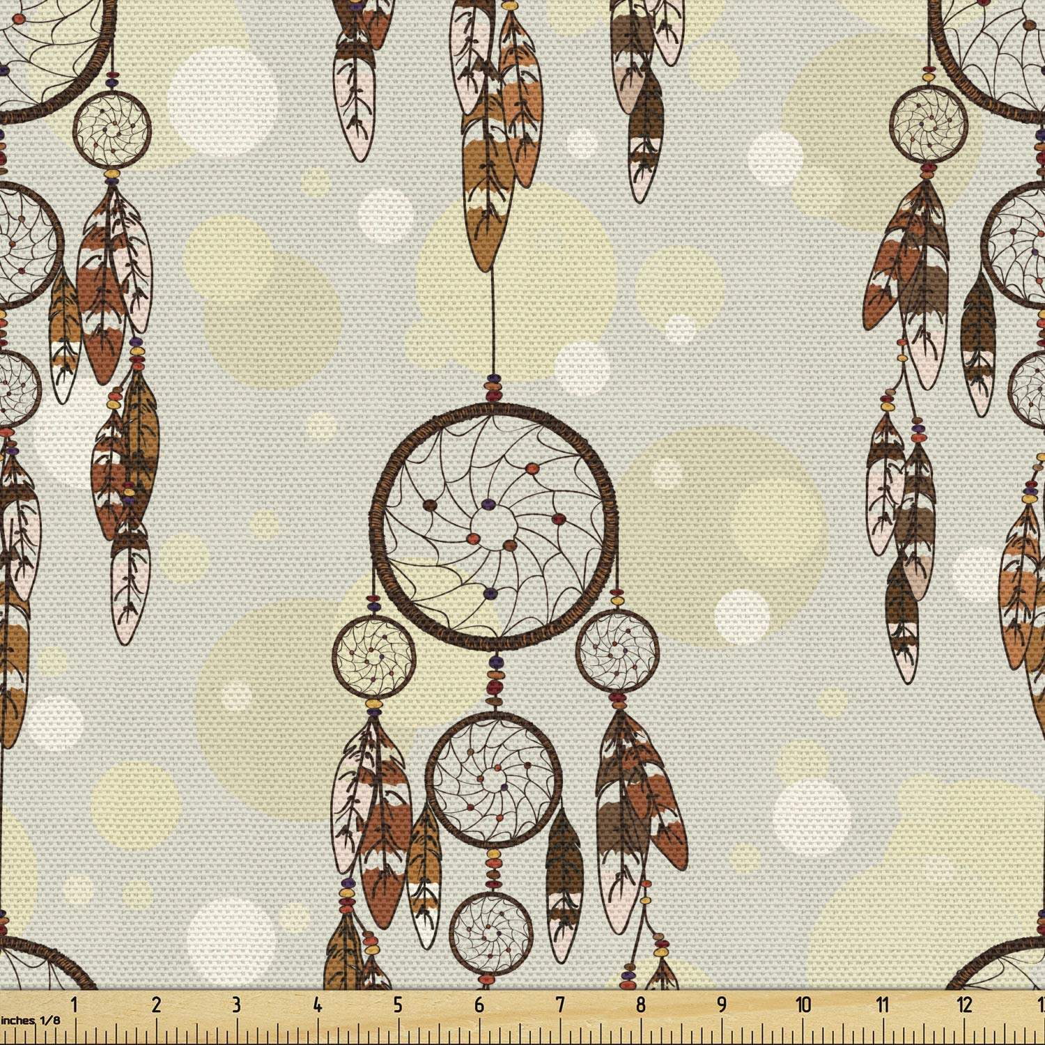 Lunarable Tribal Fabric by The Yard, Illustration of Tribal Style Boho Dreamcatchers in Retro Folk Art, Decorative Fabric for Upholstery and Home Accents, 2 Yards, Chocolate Cream