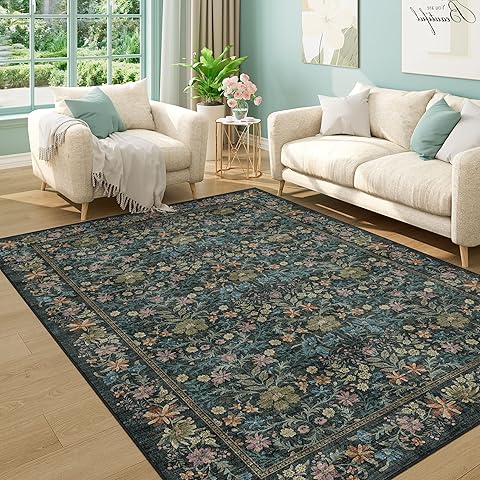DUKINO 5x7 Area Rugs, Floral Washable Rugs for Bedroom with Non Slip Backing, Vintage Low Pile Indoor Floor Carpets for Bedroom, Living Room, Farmhouse, Home Office, Dining Room, Blue