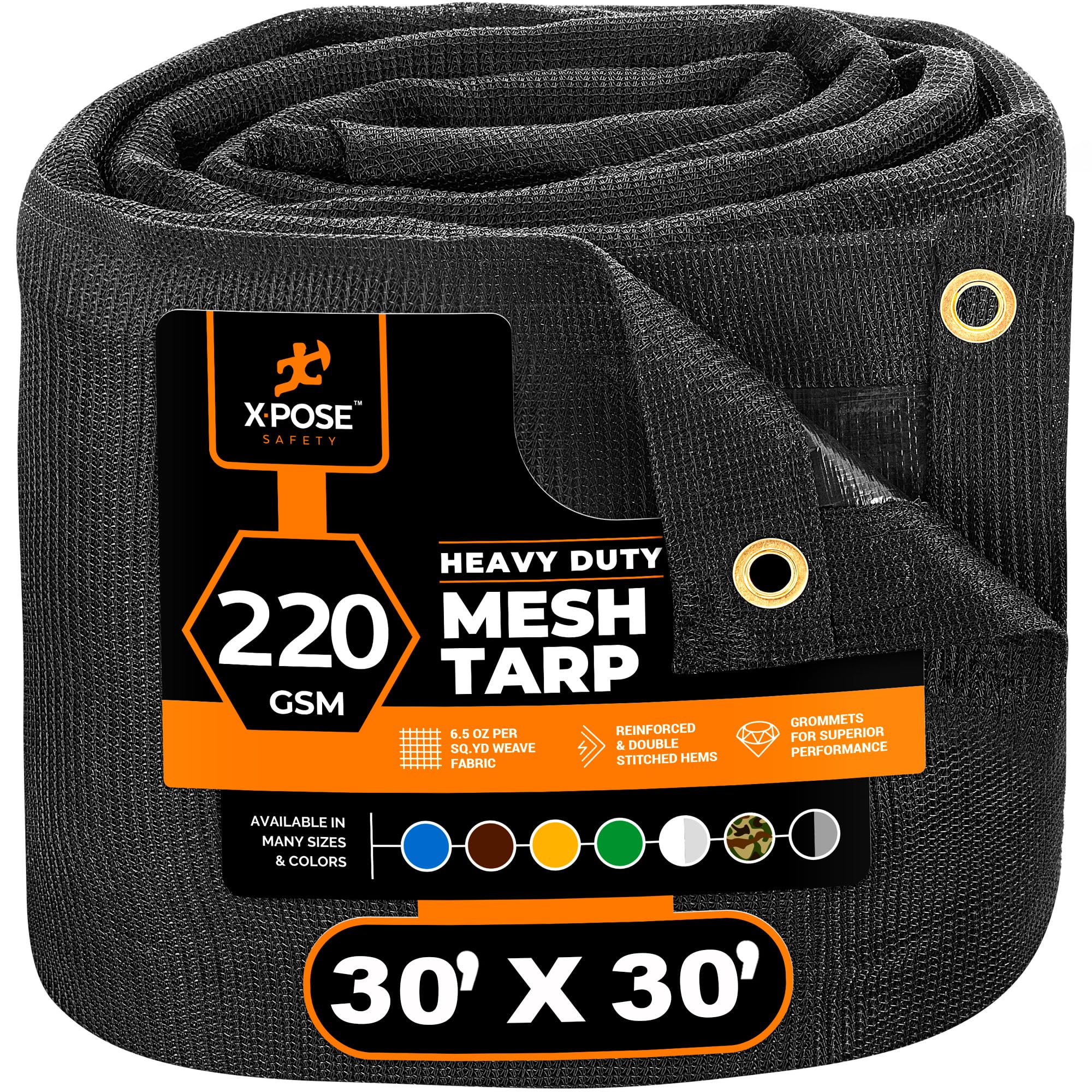 Xpose Safety Heavy Duty Mesh Tarp – 30' x 30' Multipurpose Black Protective Cover with Air Flow - Use for Tie Downs, Shade, Fences, Canopies, Dump