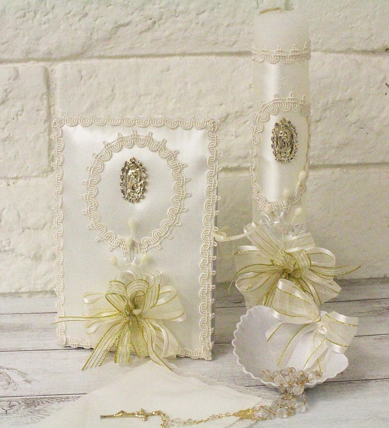 Elegant 5 Piece Christening Baptism White Ivory Candle Set Lady Guadalupe Mary Favors Girl Boy Set de Bautizo Espanol Nina Nino Berries Communion Lace (White)