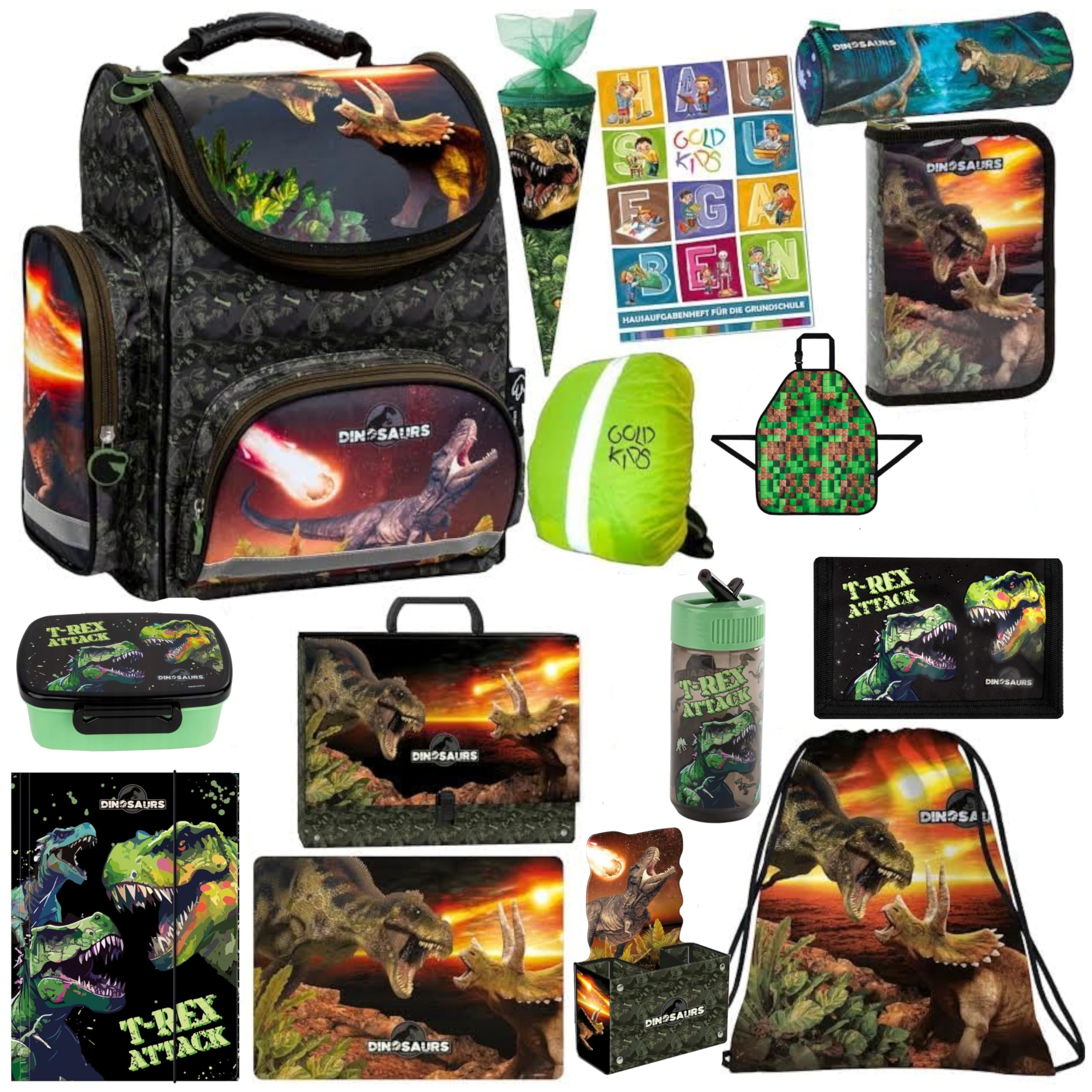 Goldkids Schulranzen XXL Set 15er Ranzen Tornister Federmappe Turnbeutel Gummizugmappe Schürze Brotdose Trinkflasche Aufgabenheft Zuckertüte Regenschutz Dinosaurier Dino Motiv
