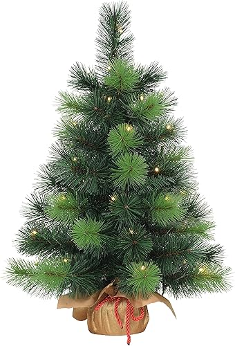 Vista 48 de Puleo International Árbol de Navidad artificial preiluminado de 2 pies con 35 luces en maceta de metal, color verde