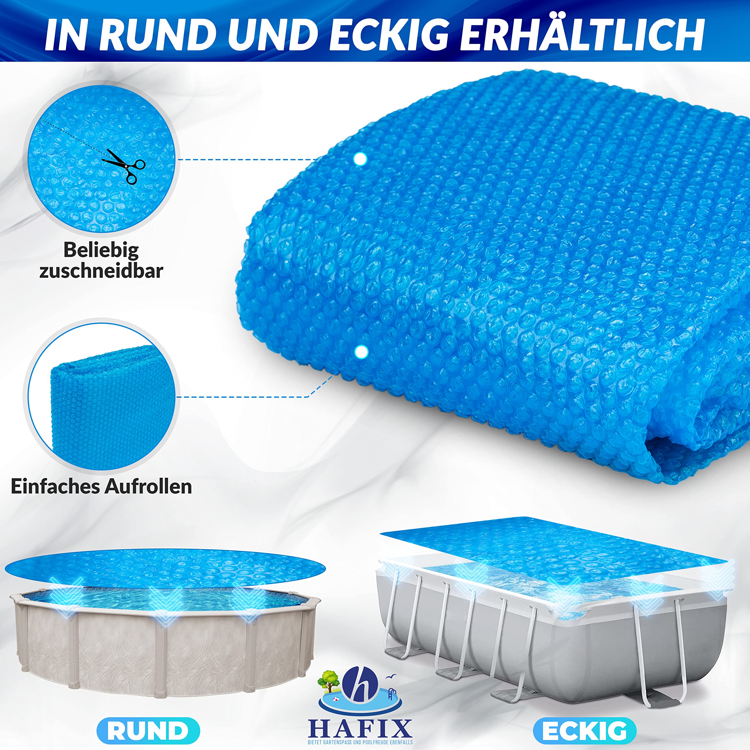Solarplane Pool rund Ø366cm für Pools bis 348cm Poolabdeckung Wärmeplane 120µm zuschneidbar UV-beständig Solarfolie mit Luftkammern schwimmend Solarabdeckplane Wärmespeicherung Solar Cover blau