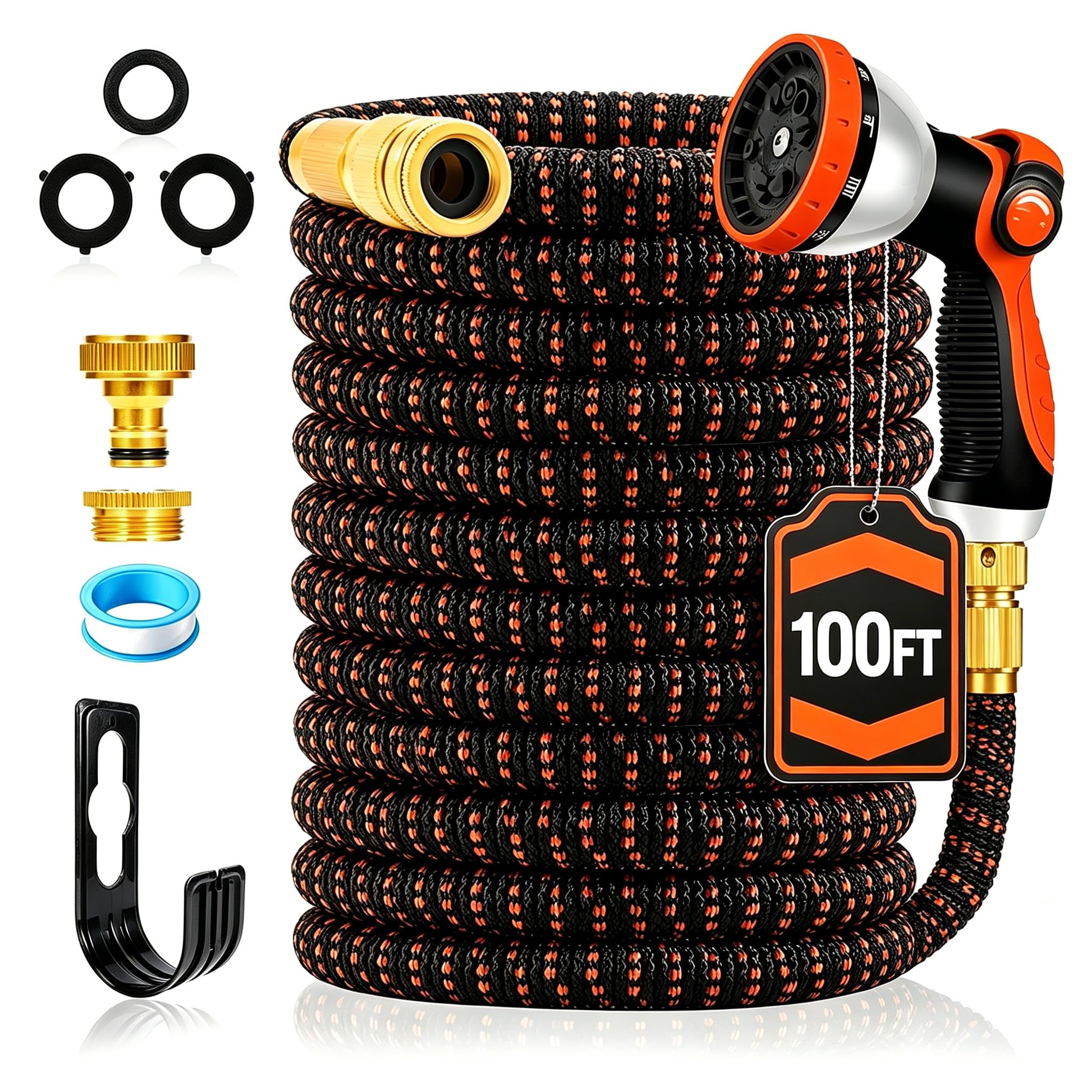 Yofidra Orange Hose Pipe, Expandable Garden Hose 100Ft With 10 Function Spray Nozzle, 3/4"&1/2" Connectors, Lightweight Water Hose, No-Kink Flexible Hosepipe For Garden Watering, Outdoor Yard Cleaning
