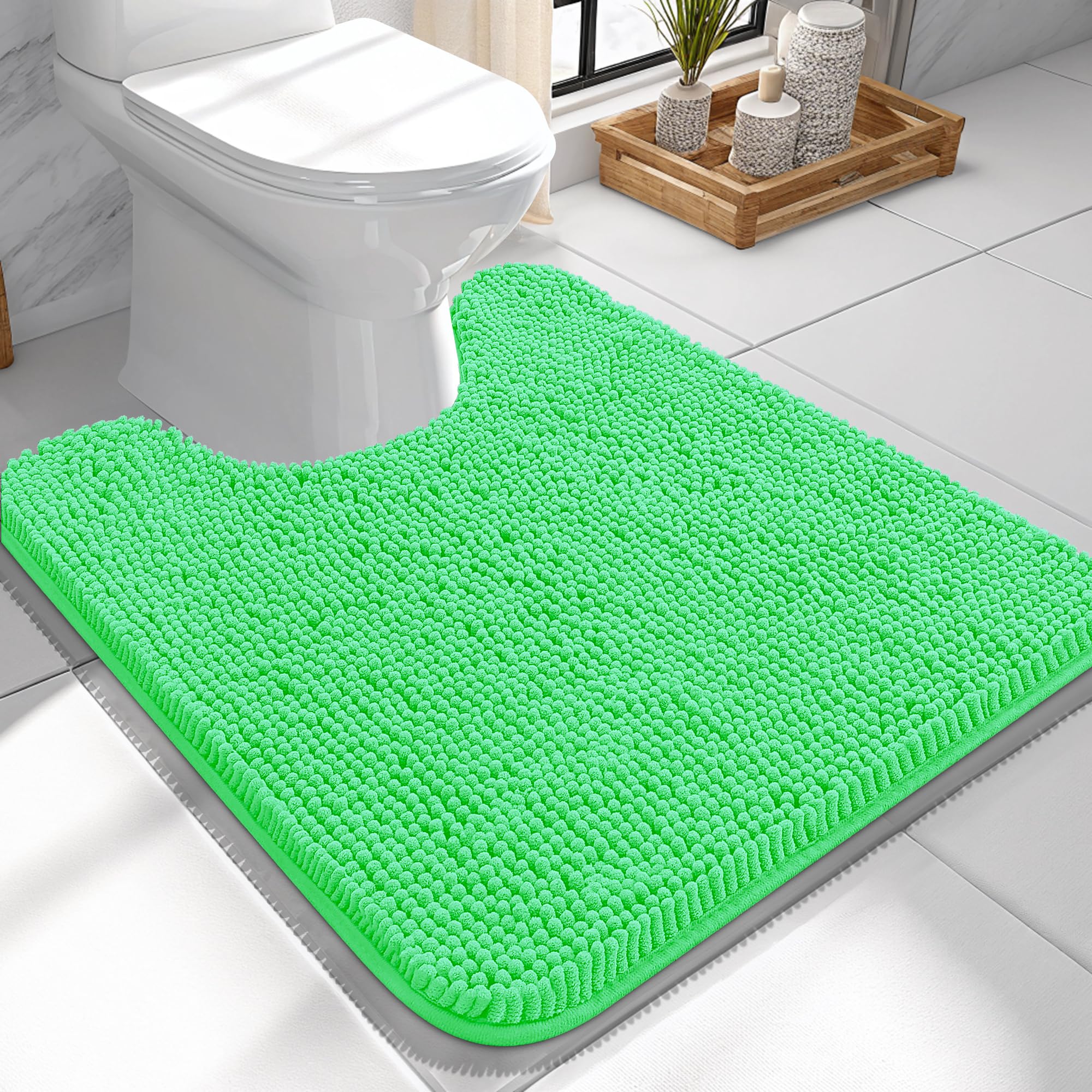 OLANLY Toilet Rugs U-Shaped 24x24, Soft Absorbent Chenille Contour Rugs | Mint Green, Quick-Drying Rubber Backing, Machine Washable Non-Slip Shaggy Bathroom Mat for Toilet, Home Decor Accessories
