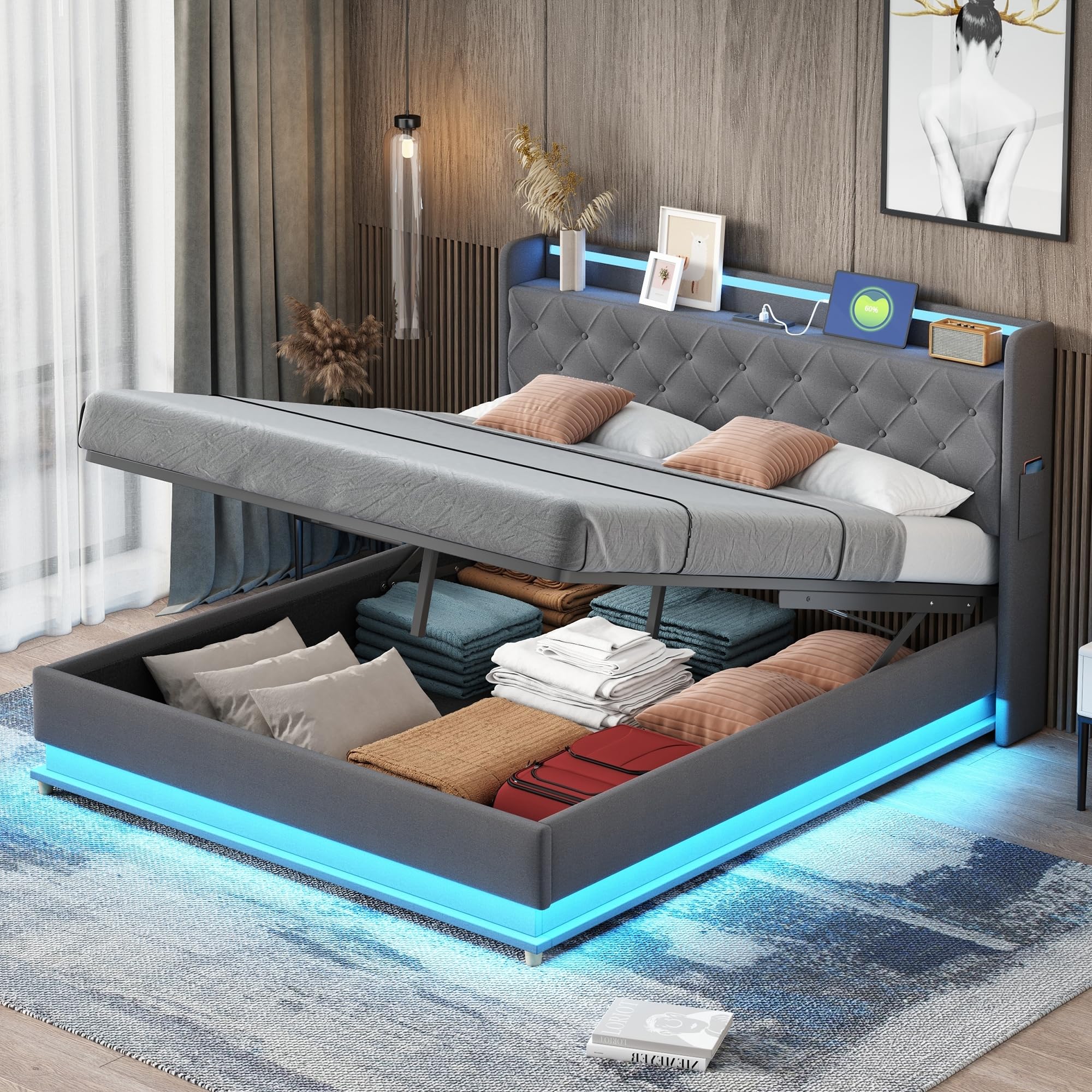 Cama Matrimonio 160x200 cm, Cama Tapizada con USB y Iluminación LED, Estructura Cama Doble con Almacenaje Hidráulica, Camas Matrimoniales con Láminas de Metálicas, Lino, Gris, Sin Colchón