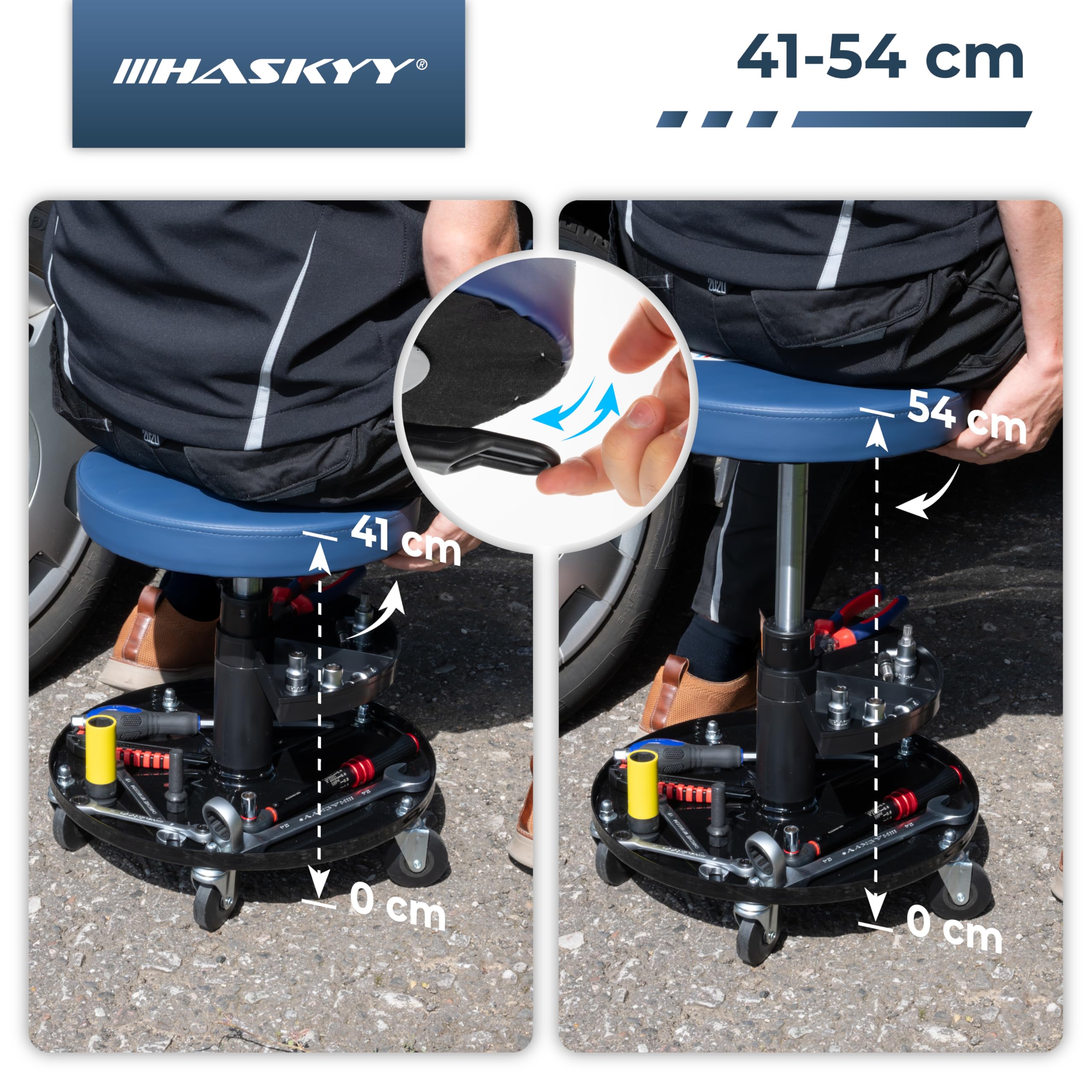 HASKYY Tabouret d'atelier, tabouret de travail, avec 5 roulettes, 2 étagères, hauteur réglable de 410 à 540 mm, bleu