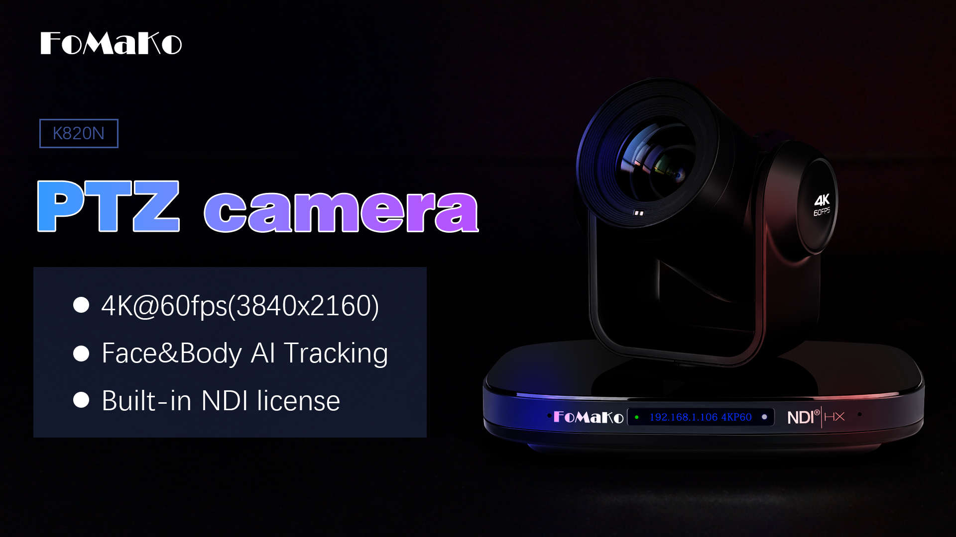 FoMaKo 12G-SDI 4K 60FPS NDI PTZ Camera,20X Optical Zoom,4KP60 AI