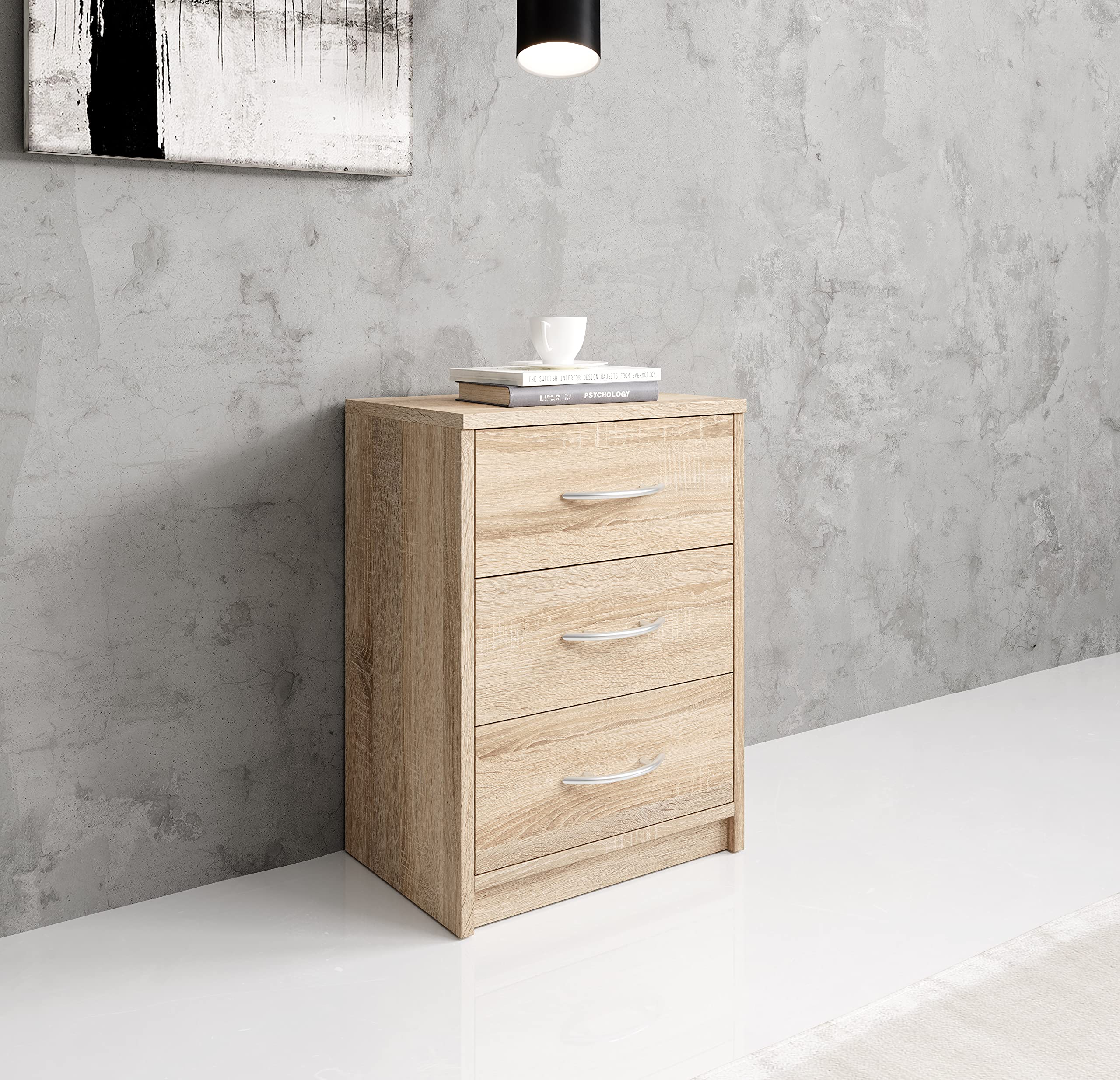 AVANTI TRENDSTORE - Pepe - Comodino in legno laminato con 3 cassetti. Disponibile in diversi colori. Dimensioni LAP: 38,5x54,2x28,2 cm (quercia Sonoma)