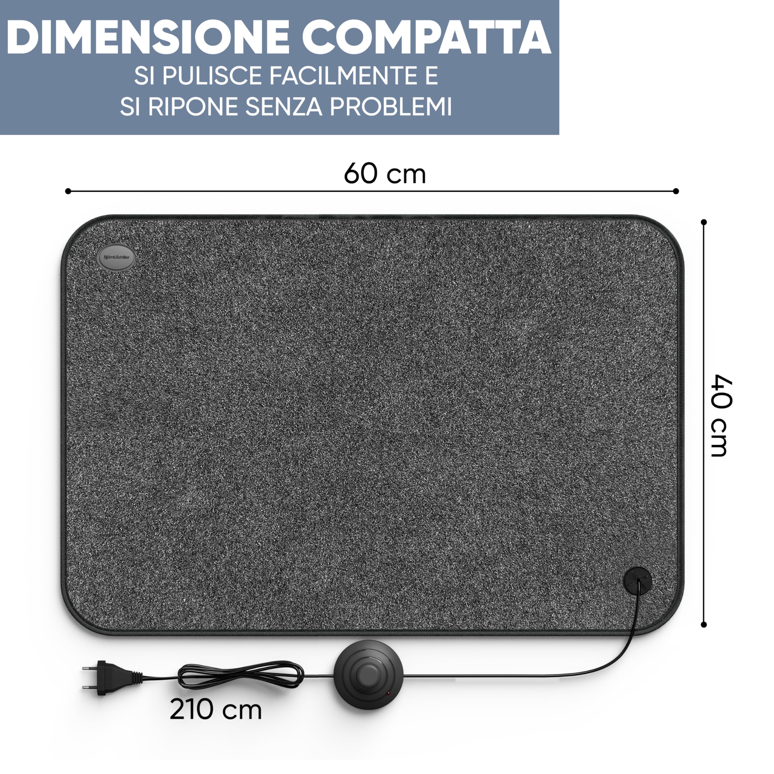 Björn&Schiller Tappetino riscaldante elettrico con interruttore a pedale, tappeto riscaldante piedi per pavimento, 75 Watt, riscalda piedi elettrica, 40x60 cm, per ufficio e casa, cavo da 210 cm
