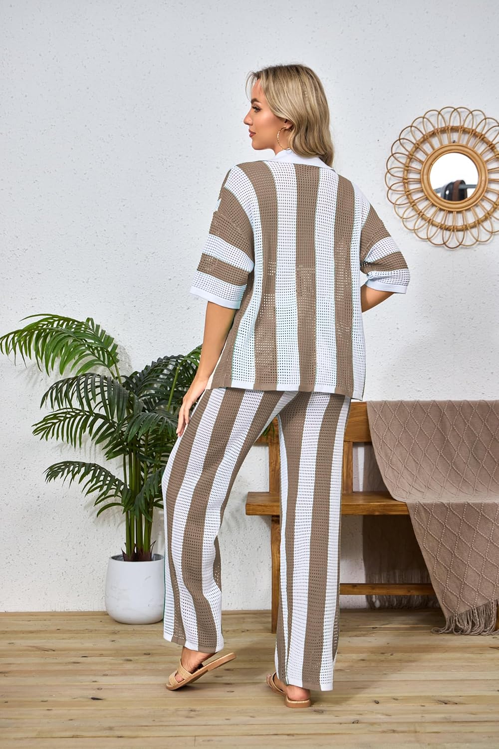 Fooullaide Women's Crochet Sets Two Piece Outfit Knit Hollow Out Color Block Button Down Shirts Matching Long Pants Beach Set - Image 5