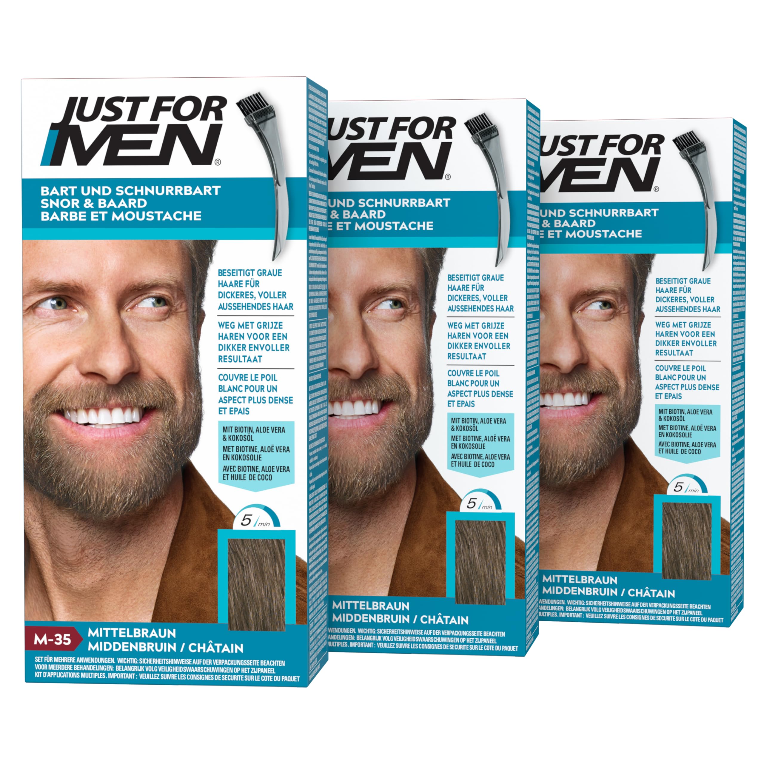 Just For Men Baffi e barba tintura marrone medio, colore barba, tinta, elimina i capelli grigi per un aspetto più completo, con pennello applicatore – M35, confezione da 3 (3 x 28,4 g)