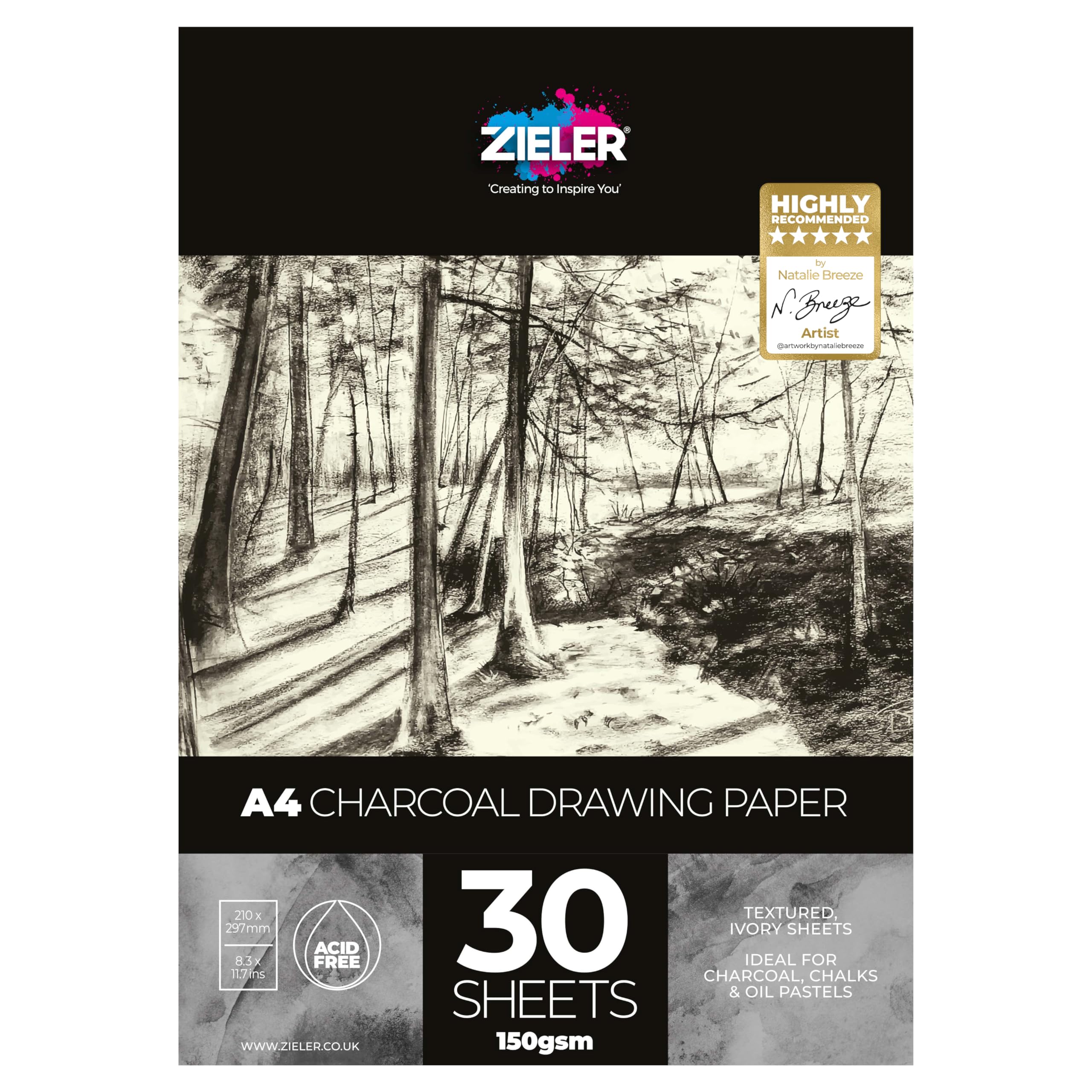 Charcoal Drawing Pad | A4 | 150gsm | 30 Sheets of Lightly-Textured, White Paper - by Zieler®