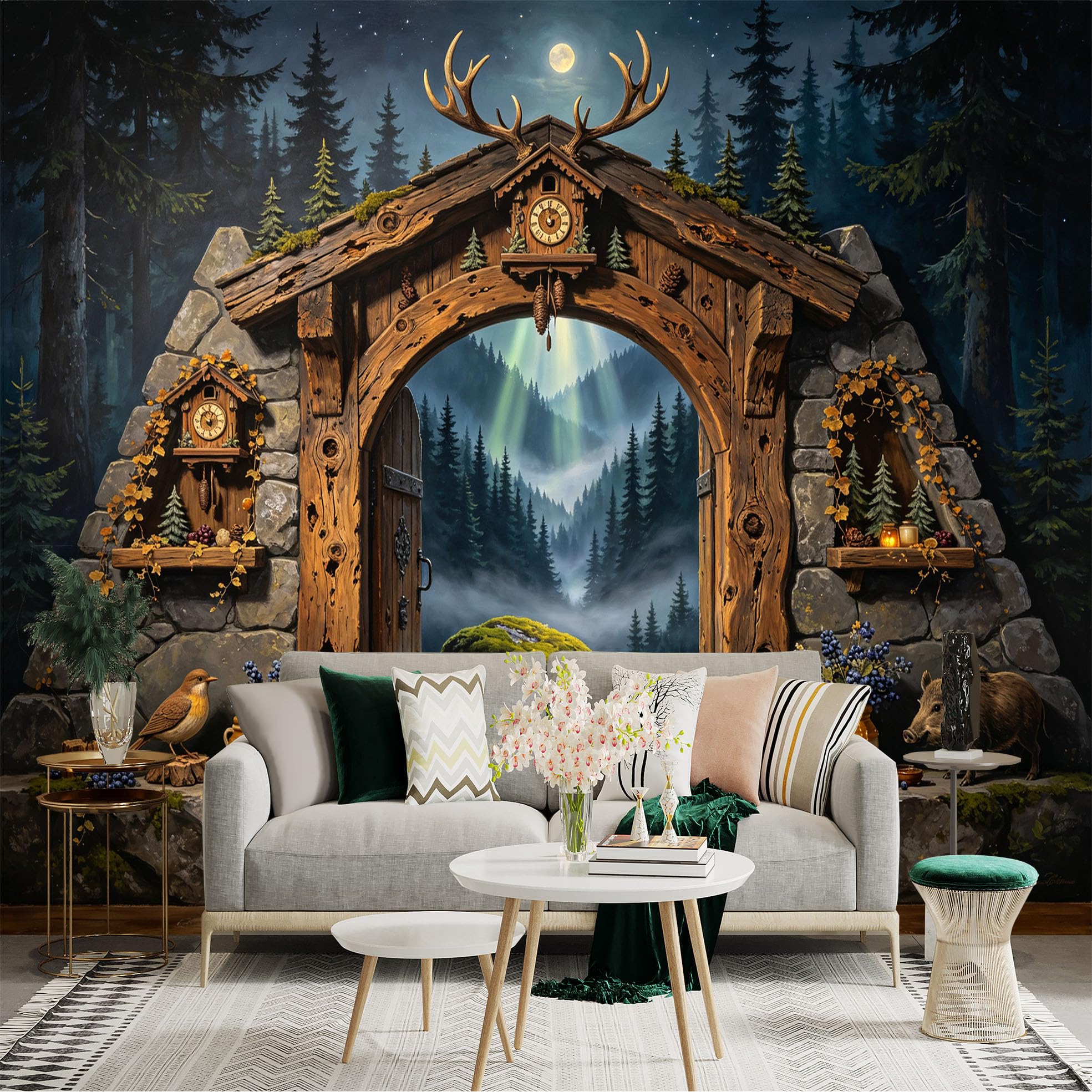 Custom Size Wall Sticker Mural， Rustic Forest Gateway， Moonlit Cabin Entrance， Woodland Landscape， for wall Decoration， peelandstick wall Decals.