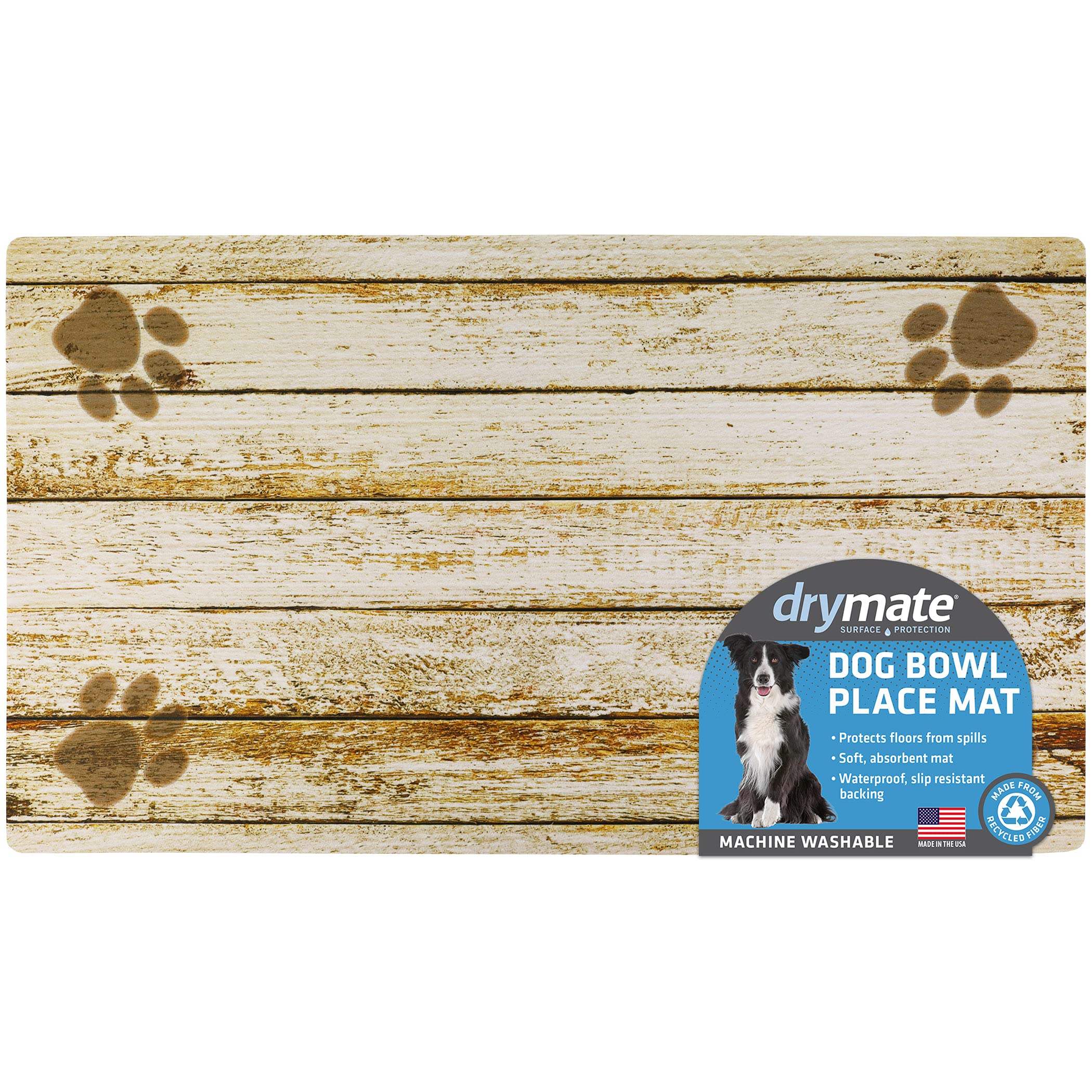 Drymate Pet Bowl Placemat, Dog & Cat Food Feeding Mat - Absorbent Fabric, Waterproof Backing, Slip-Resistant - Machine Washable/Durable (USA Made) (16” x 28”) (Distressed Wood Tan)
