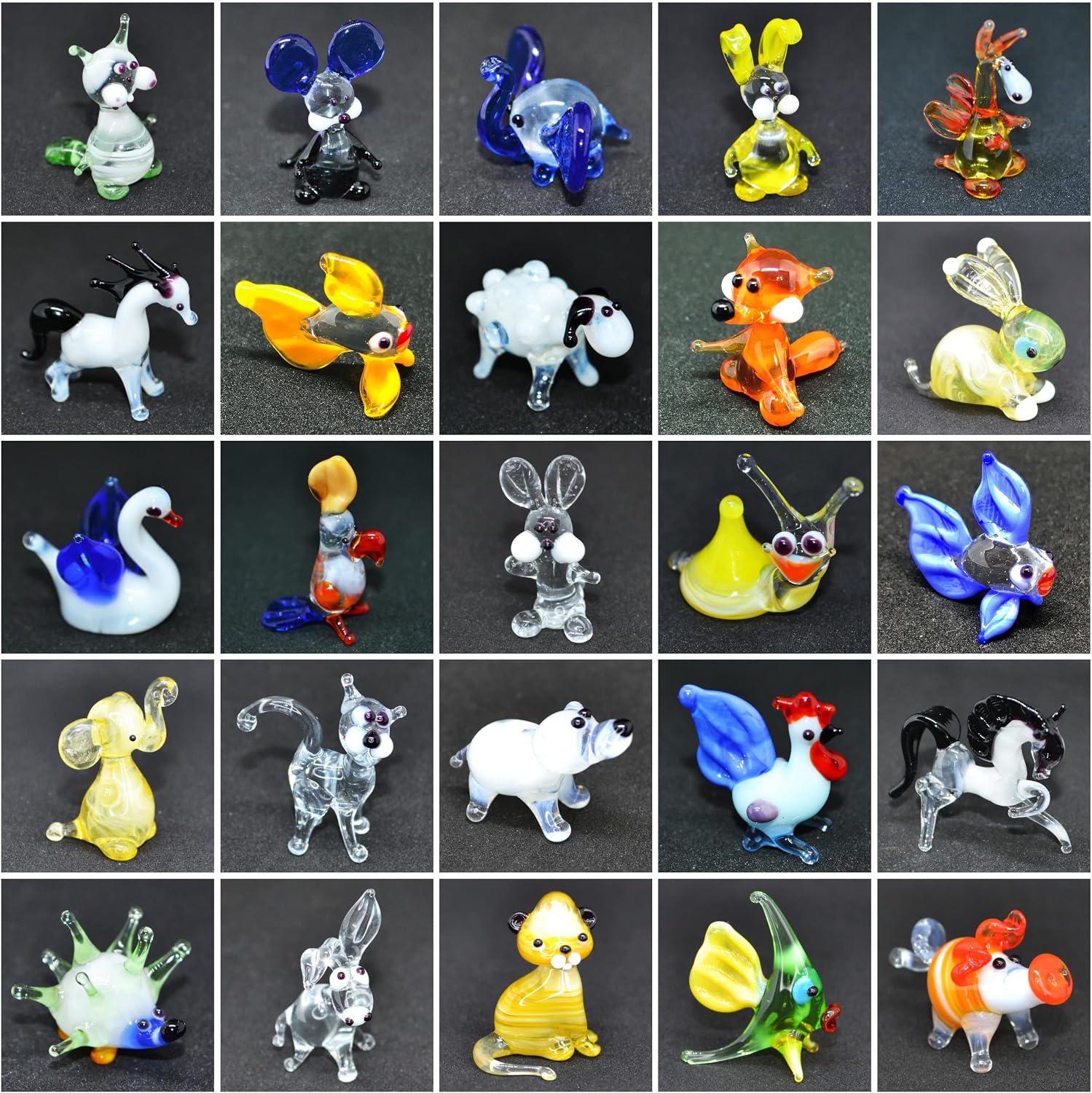 Set of 50 Miniature Animal Figurines (1”) – Hand-Blown Glass Assortment – Tiny Collectible Ornaments for Fairy Garden, Dollhouse & Desk – Gift for Adult Collectors