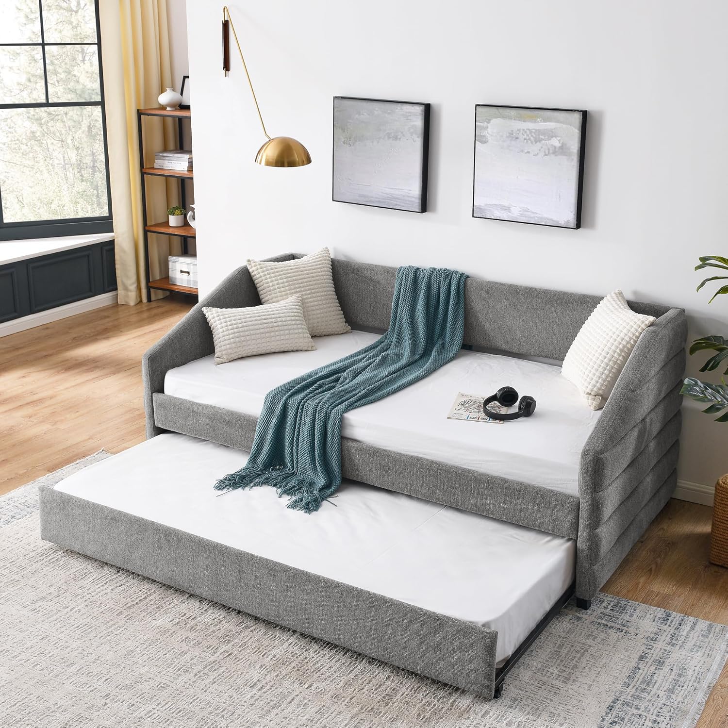 Flieks Twin Size Upholstered Daybed with Trundle, Linen