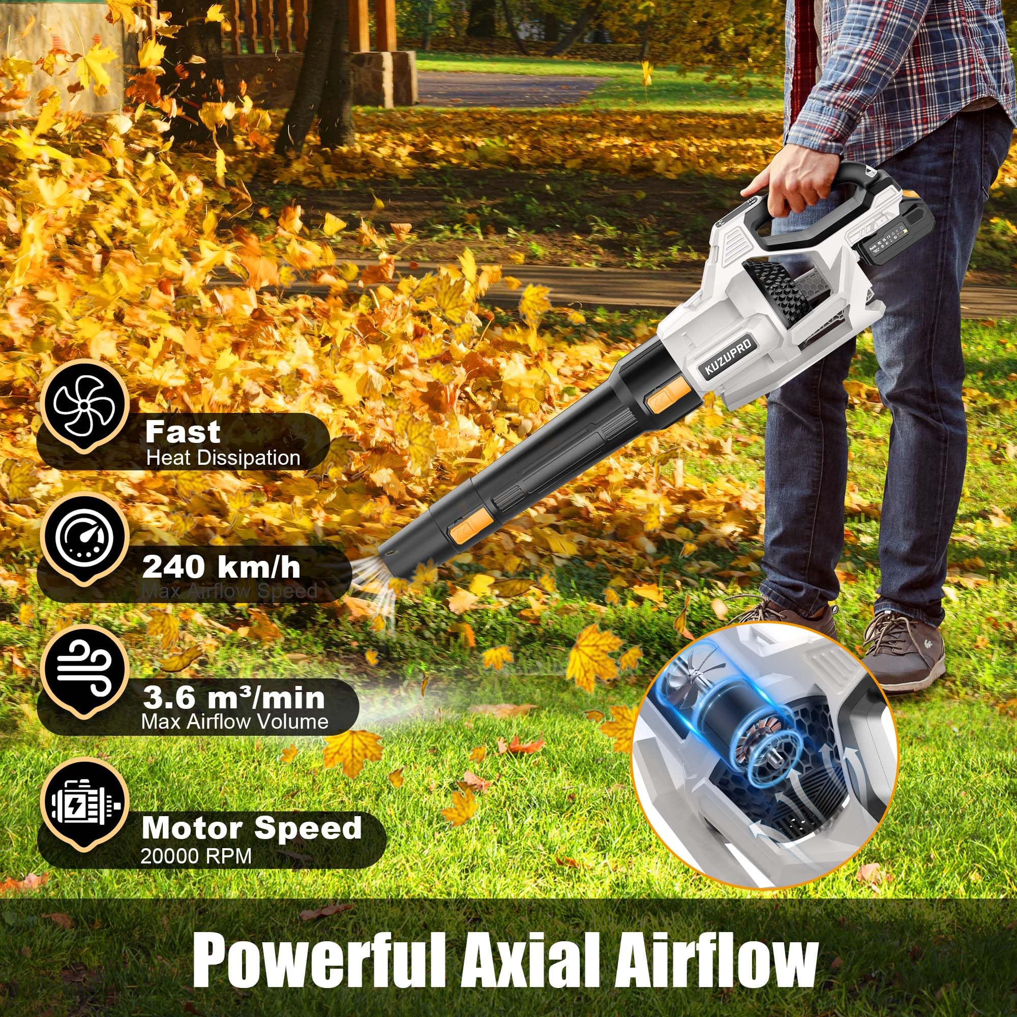 Soplador de Hojas, Soplador Bateria 21V con 2 Baterías de 4.0Ah, 3 Ajustes de Velocidad, 2 Tubos de Soplado, Correa para el Hombro para Soplar Hojas, Nieve, Polvo y Residuos