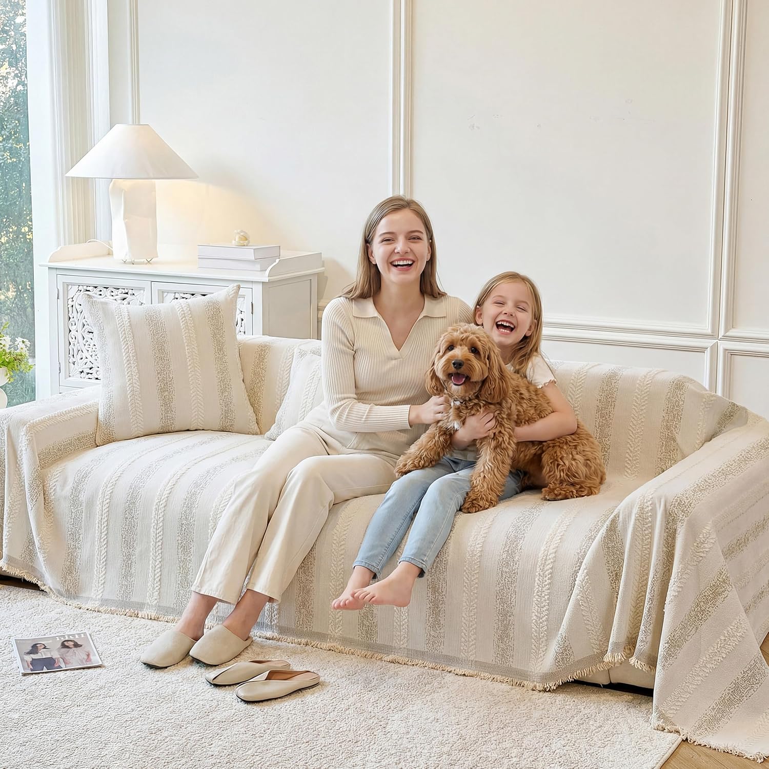 Couch Cover for Dogs Washable Sofa Cover, Sectional Couch Covers, Sofa Covers for 2 Cushion Couch, Non Slip Stripe Sofa Slipcovers Furniture Protector (Beige, 75 * 118)