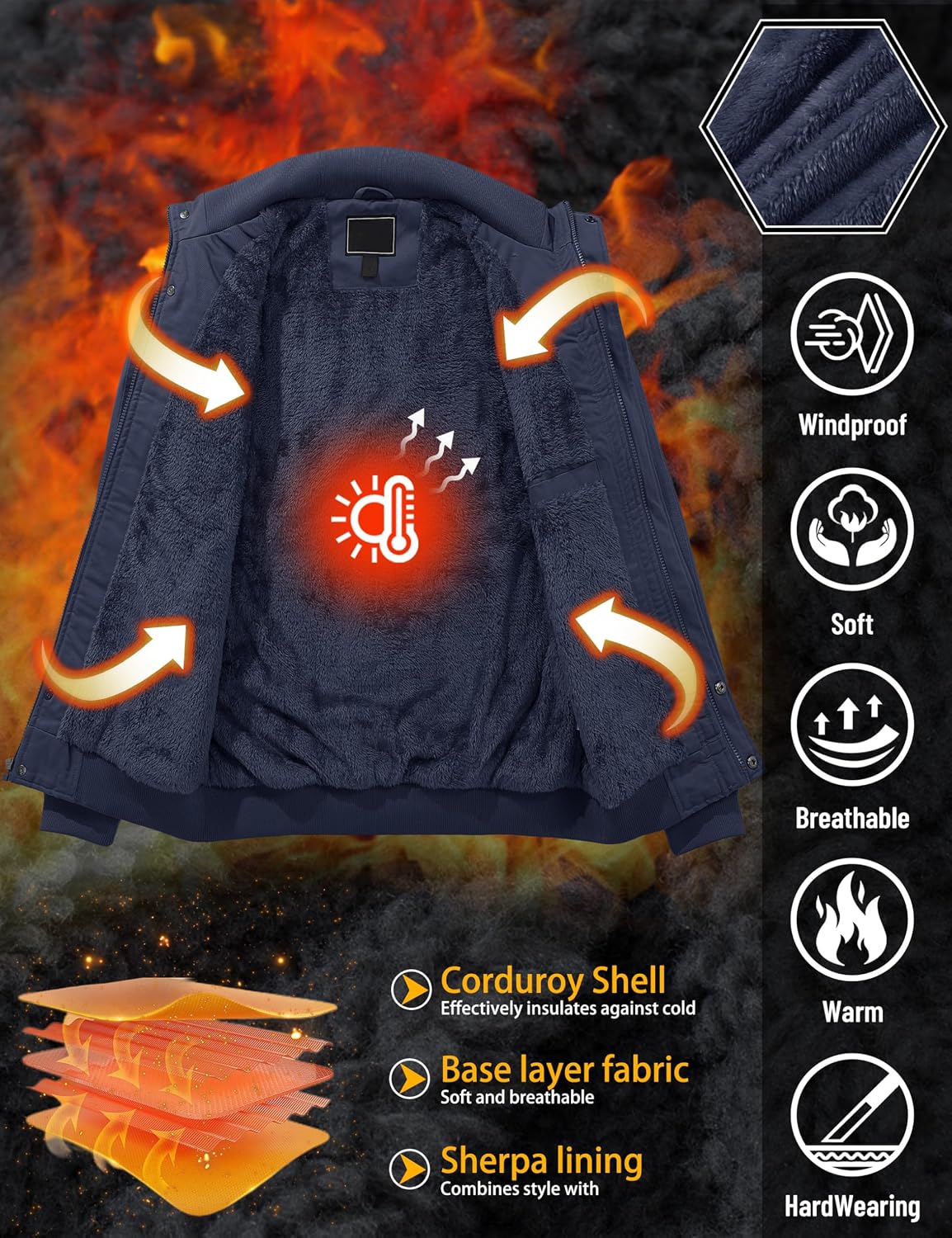 TACVASEN Men's Winter Jacket Fleece Lined Military Jacket Cargo Windbreaker Zip Front Stand Collar Coat with Multi Pockets