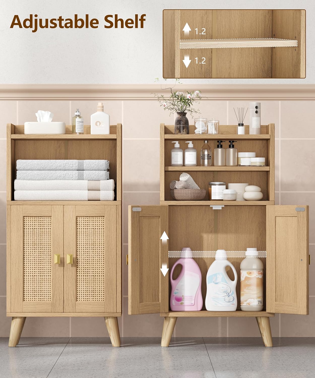 Rattan Small Bathroom Storage Cabinet, Narrow Floor Toilet Paper Storage with 2 Doors and Adjustable Shelf, Bathroom Organizers and Storage for Small Spaces, 7.9''D x 15.0''W x 31.5''H, Natural Oak