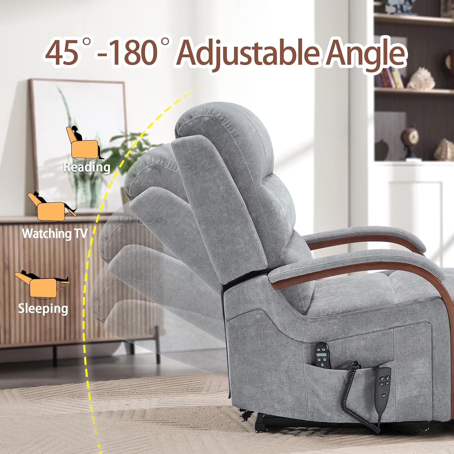 Power Lift Recliner Chair for Elderly People, Dual Motor Lift Chair with Vibration Massage and Heat, Lay Flat Recliner with Solid Wood Armrest, Standing Assistance Reclining, Chenille Fabric Gray