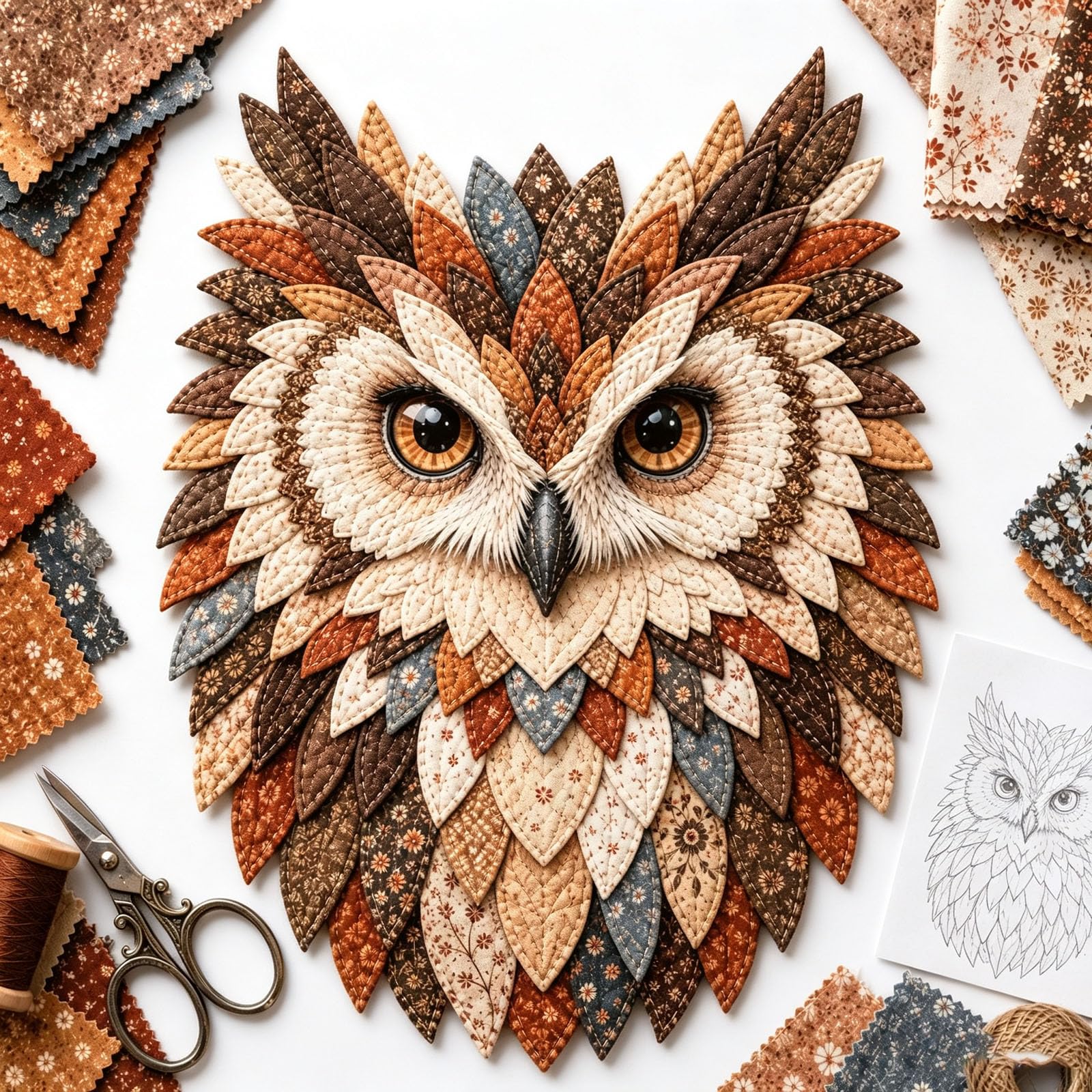 Fabric Owl Wall Art DIY Kit, Quilted Patchwork Hanging Decor Set for Beginners, Complete Sewing Craft Supplies for Home Wall Decor, Halloween Holiday Gift (Autumn Woodland Owl)