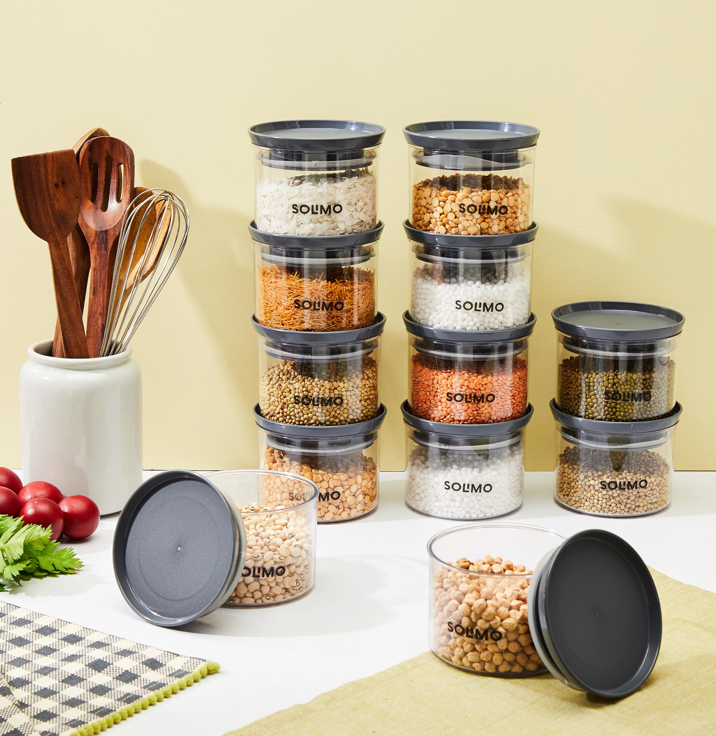 Amazon Brand - Solimo Plastic Storage Jar and Container Set I Air Tight & BPA Free Containers for Kitchen Storage Set I Grocery Kitchen Container Set I Multipurpose Jar, 500 Ml Each, Set 12, Grey 2