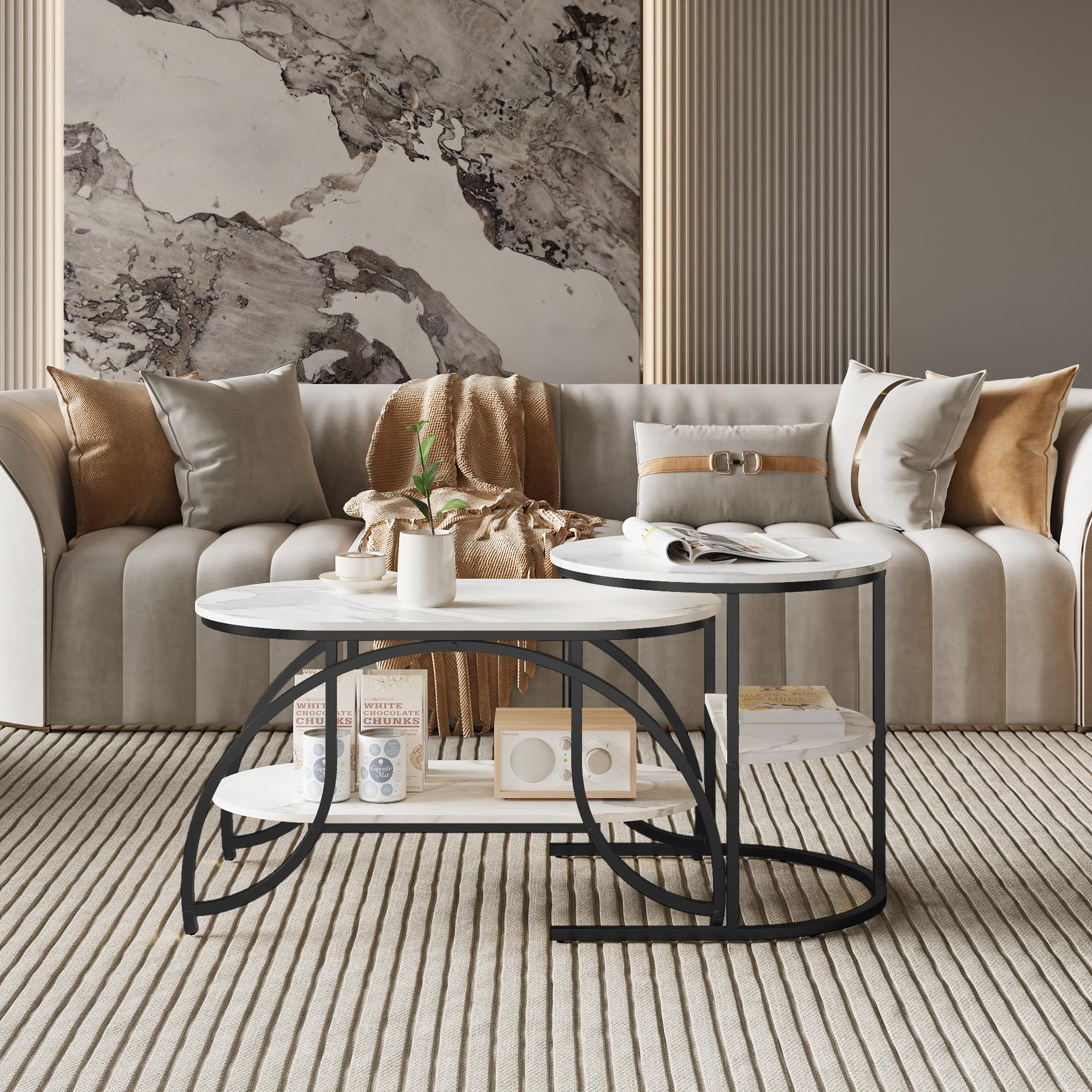 KeepGoon Table Basse Ronde avec Rangement, Tables Basses de Salon Moderne à encastrer empilable, Tables gigognes de Salon latérale en marbre plaqué, Table de Canapé avec Cadre Métallique Robuste