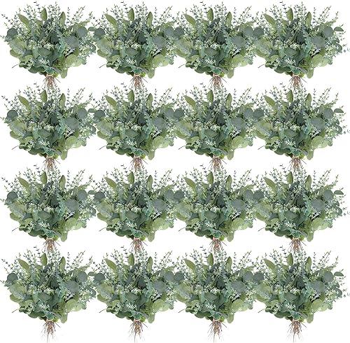 400 piezas de hojas de eucalipto mixtas a granel, hojas de vegetación artificiales de dólar plateado, ramas de plantas falsas para ramos de novia de