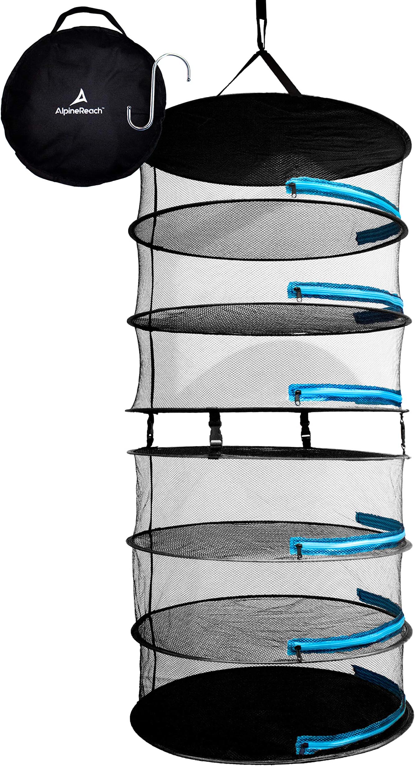 AlpineReach Hanging Herb Drying Rack - 4 Feet Detachable Halfway Collapsible 6 Layer or 3 Layer with Hook - Mesh Net & Heavy Duty Adjustable Straps - Dry Plants Black & Blue Zippers