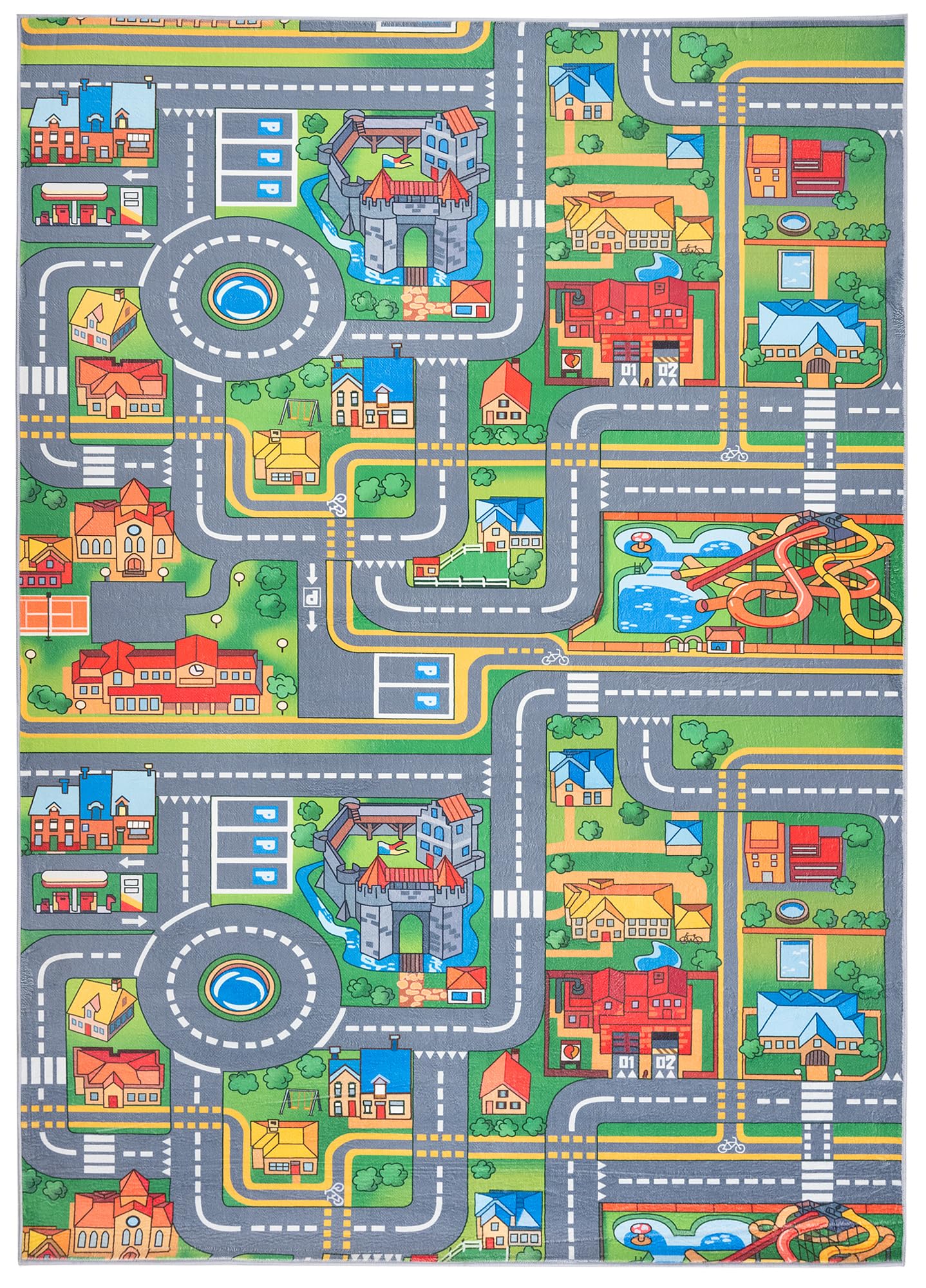 TAPISO Flannel Tapis Chambre Enfant Bébé Fille Garçon Antidérapant Lavable Gris Vert Rouge Bleu Tapis de Jeux Voiture Circuit Route Ville Poils Ras Oeko-TEX Résistant 140 x 200 cm