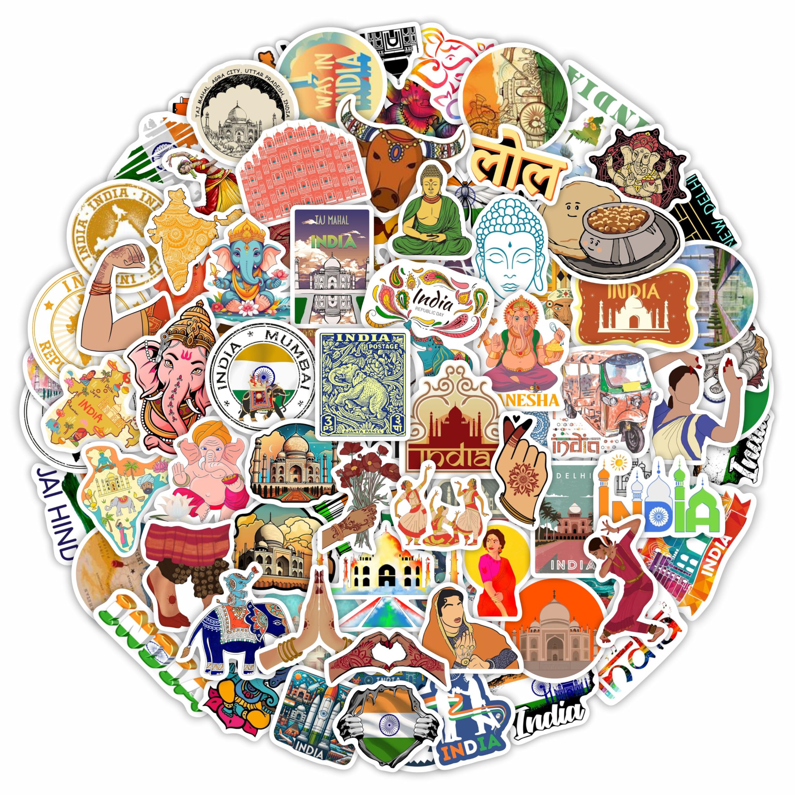 BulbaCraft India Stickers for Water Bottle and Laptop - India Party Supplies & Decorations, Waterproof Vinyl Decals, Indian Flag and Culture Stickers, Gifts for Women & Men