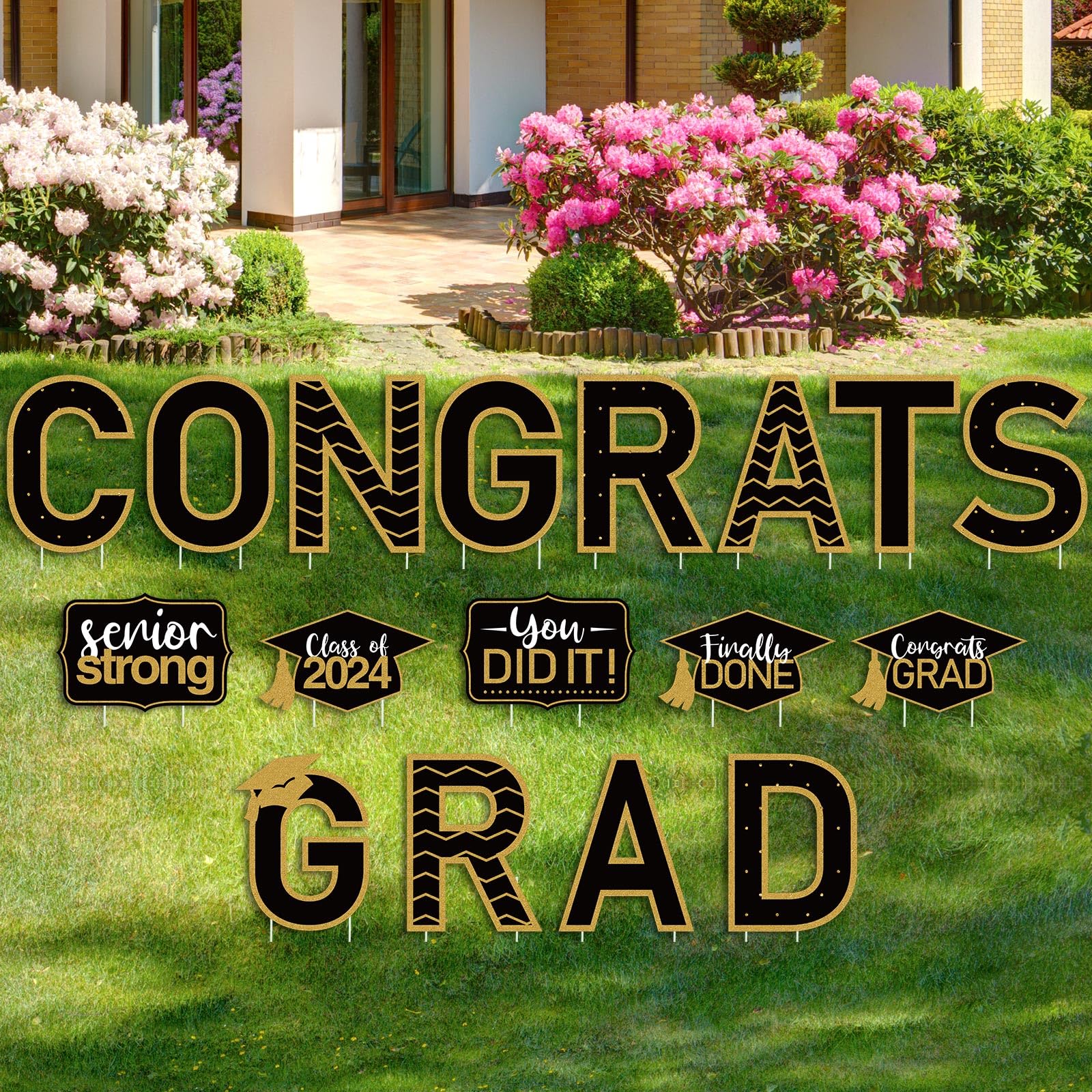 17 Pieces 2025 Graduation Decoration Outdoor Congrats Grad Yard Sign Class of 2025 Garden Lawn Sign with 35 Stakes for Grad Party Outdoor Decor(Black)