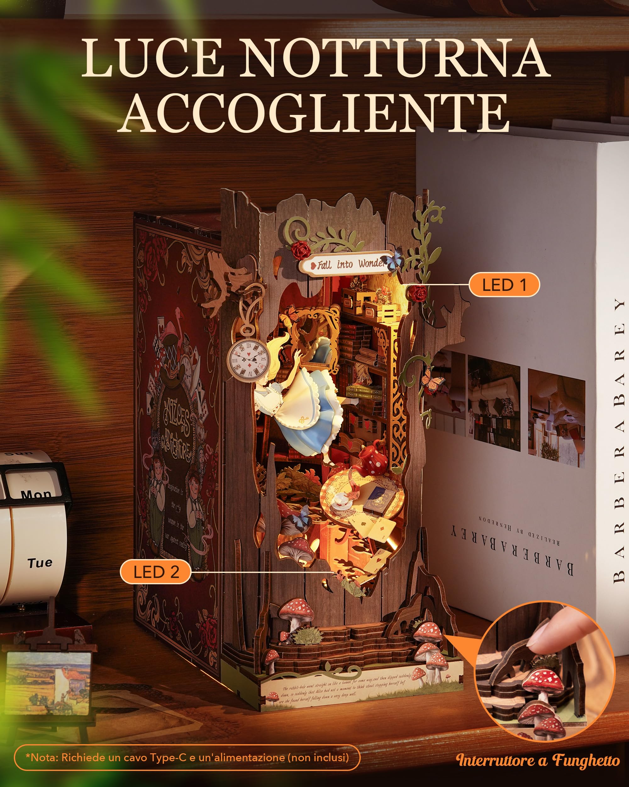 Rolife Book Nook Kit Miniature da Costruire DIY Booknook Fall into Wonder 3d Puzzle Legno con Luci Decorazione Libreria Casa Modellismo da Costruire Adulti Diorama Modellismo