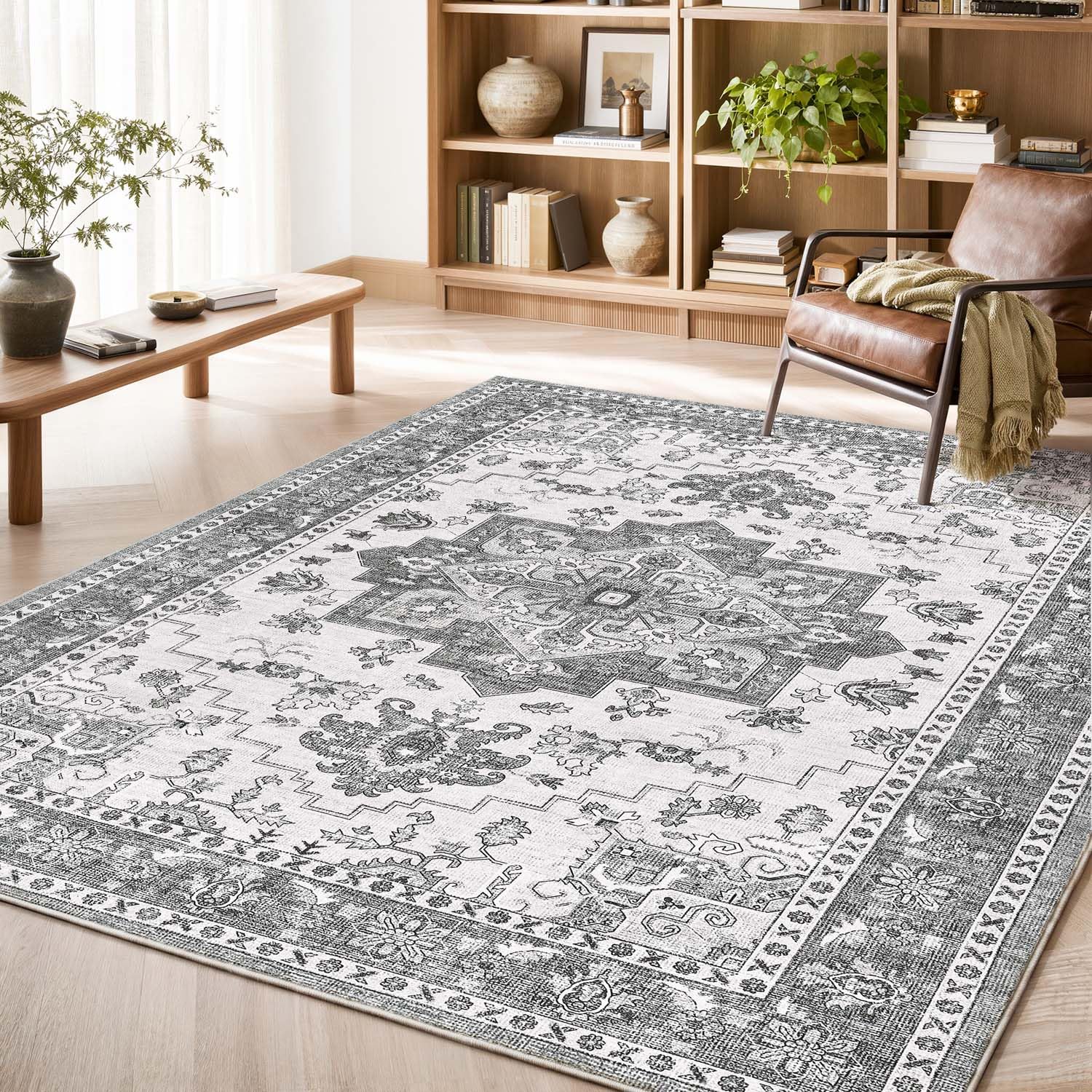 TOPICK Vintage Rugs Living Room Large 160x230cm, Grey Soft Cashmere Texture Area Rug for Bedroom, Lounge, Dining Room, Machine Washable Non-Slip Carpet, Kitchen, Hall, Lounge, Indoor, Stain Resistant
