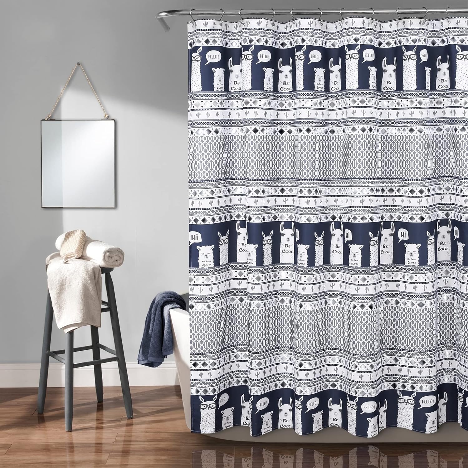 Lush Decor Llama Stripe Shower Curtain, 72" x 72", Pink and Turquoise