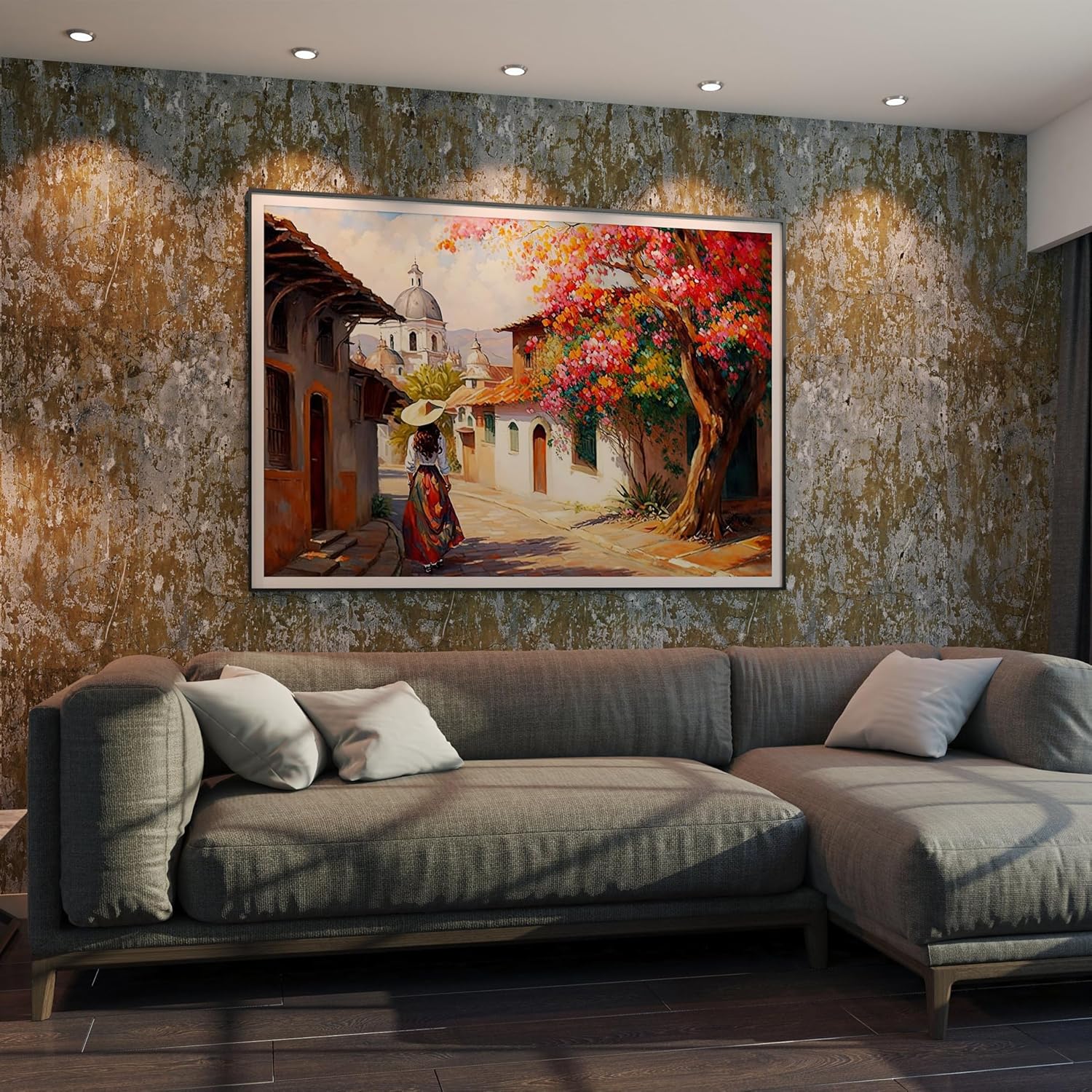 Mexican Village Street, Folk Traditional Girl, Colorful Painting Canvas Wall Art Poster Print Office Bedroom Bedroom Aesthetic Poster 36x24inch(90x60cm) Unframe-style