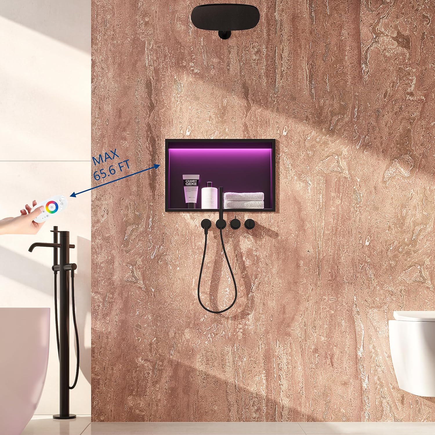 Qeke Stainless Steel Shower Niche 18" X 12", No Tile Needed Wall Niche with RGB Led Light, Recessed Shower Shelf for Bathroom Storage Over Mount Installation, Matte Black