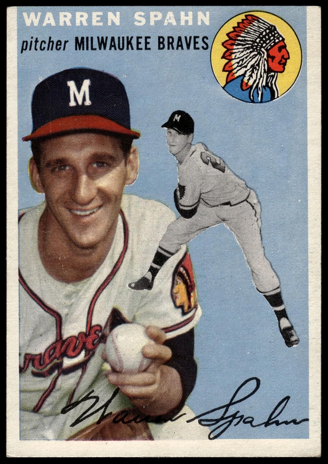 1954 Topps #20 WHT Warren Spahn Milwaukee Braves (Baseball Card) (White Back) EX Braves
